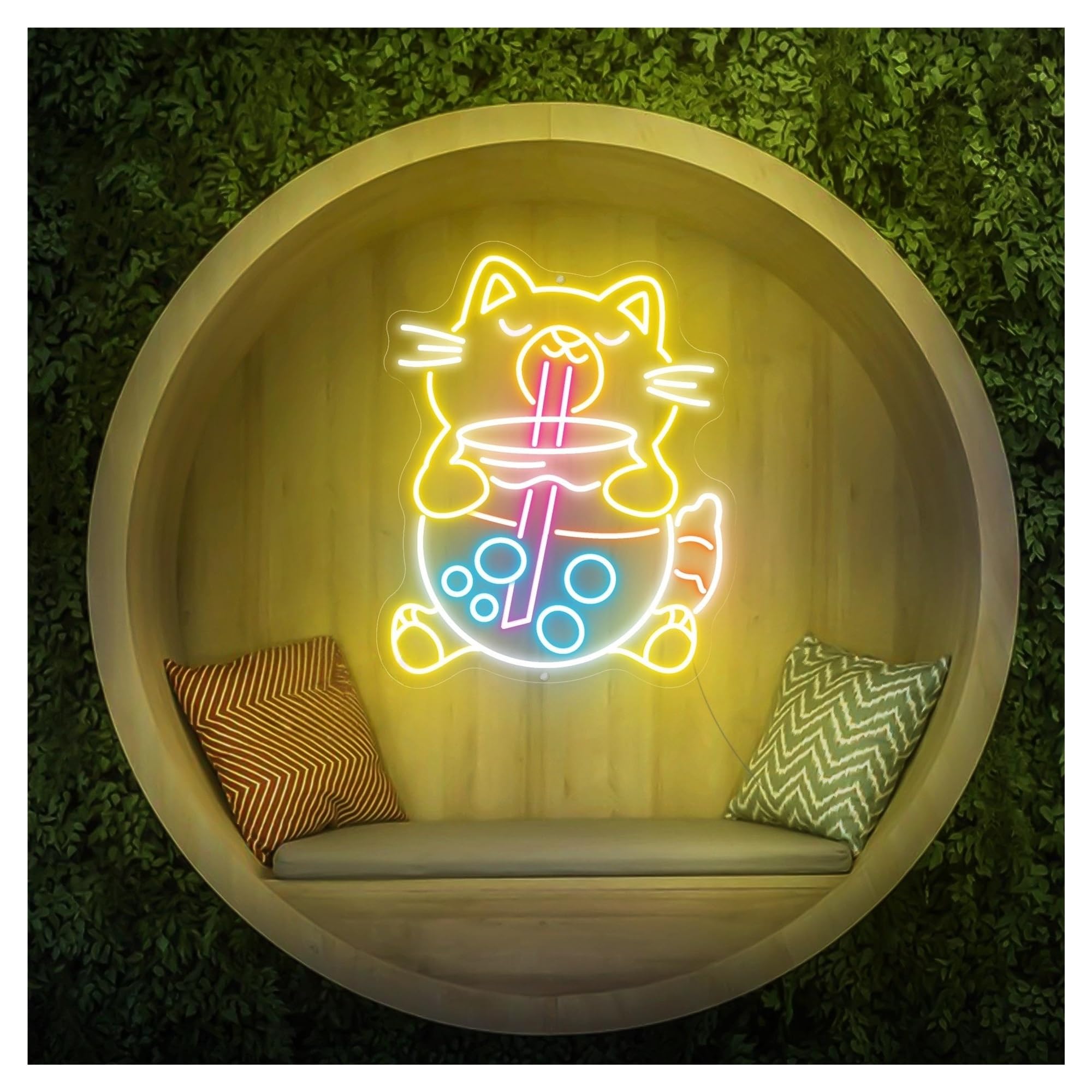 Luces de neón Letrero De Neón De Gato De Té De Burbujas Con Brillo Ajustable, Ideal Para Decoración De Pared De Tiendas De Té Boba, 38cmx48cm(E)