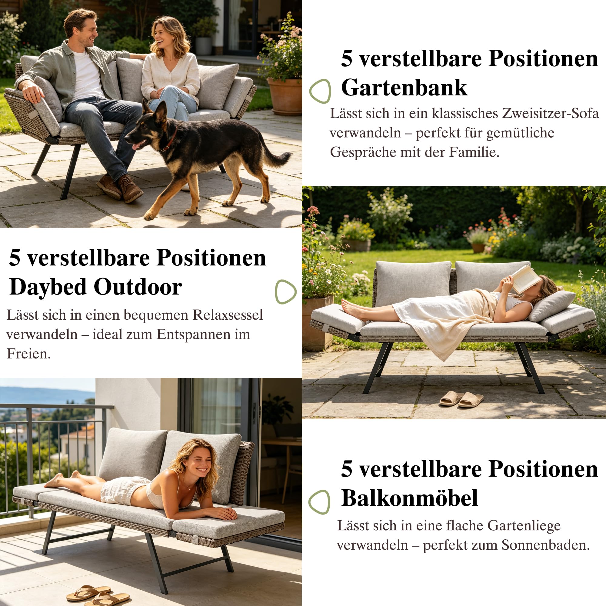 Lot de 2 Canapé de Jardin 2 Places en Poly Rottin avec Accoudoirs Réglables, Chaise Longue pour Terrasse Balcon Patio, Meuble de Jardin avec Coussins Lavables Beige
