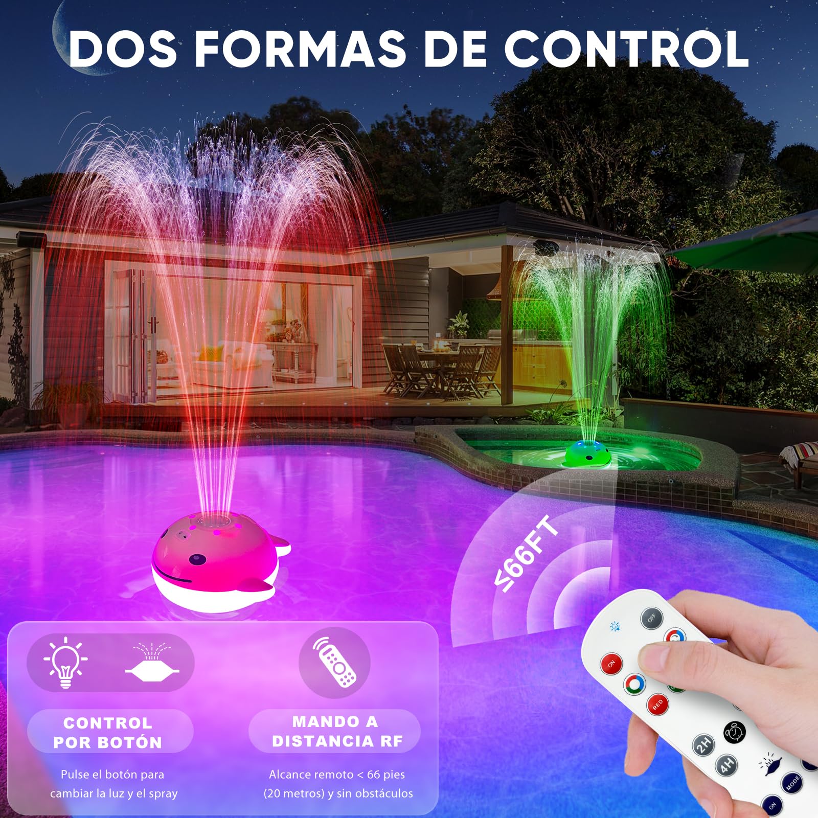 DeeprBling Fuente Flotante para Piscina con Espectáculo de Luces Subacuáticas, Fuente para Piscina Recargable, 2 Modos de Pulverización con Botones y Control Remoto, 7 Modos de Luz & Temporizador