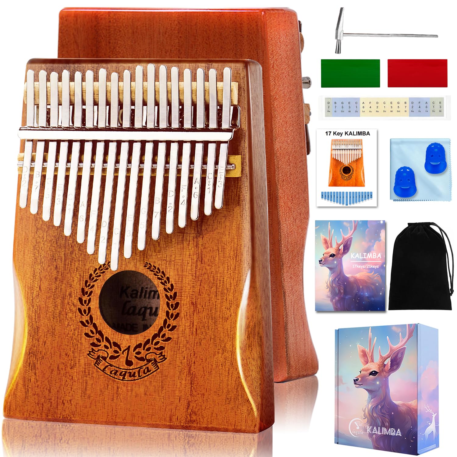 Kalimba 17 Teclas Pulgar Piano - Piano de Dedo Mbira Sanza Instrumento Musical Profesional con Instrucción de Estudio Martillo de Afinación Regalo Para Niños Adultos