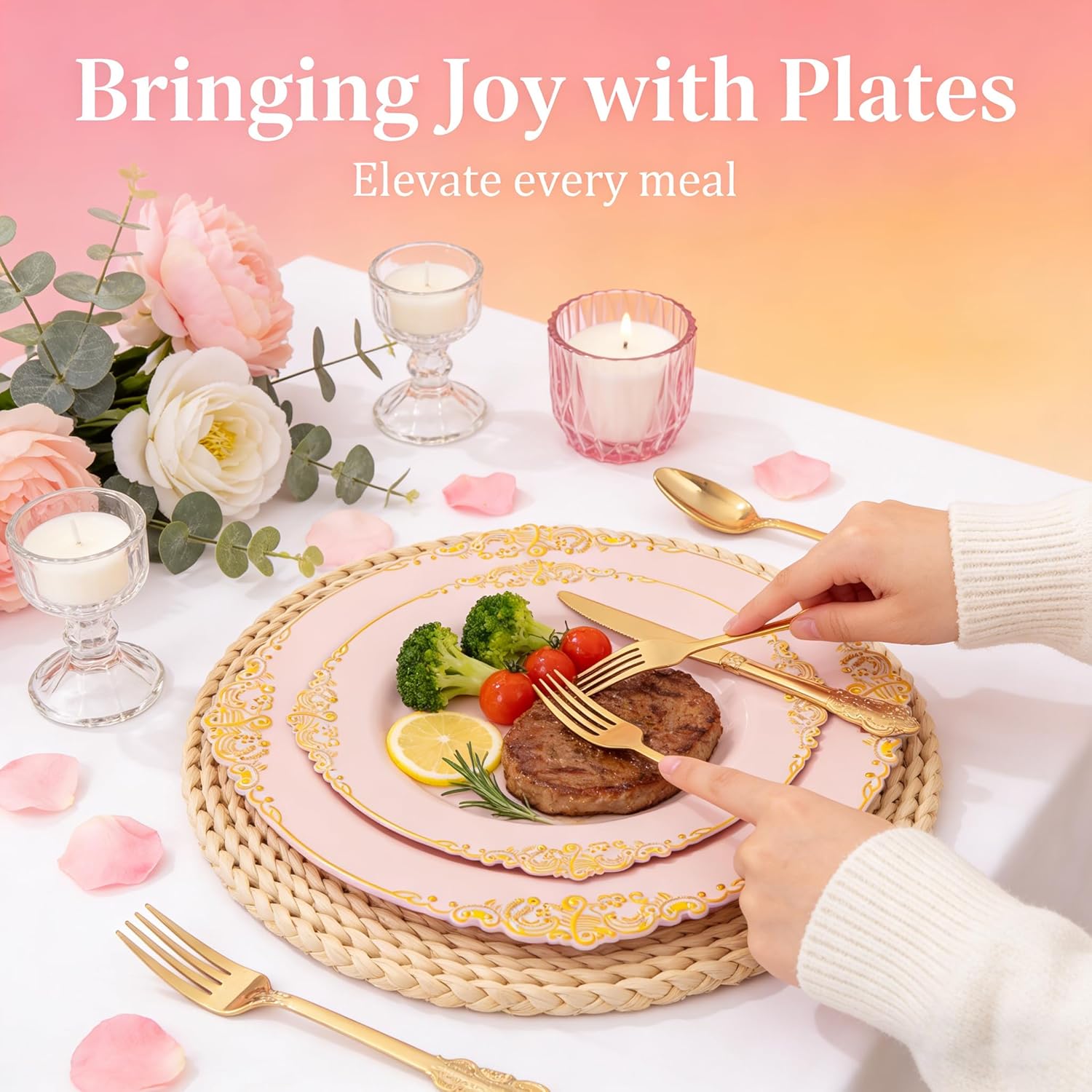 125PCS Pink and Gold Plastic Plates - Pink Disposable Plates - Vintage Plate with Gold Plastic Silverware Set for 25 Guests for Weddings Baby Shower Parties Easter Mother's Day