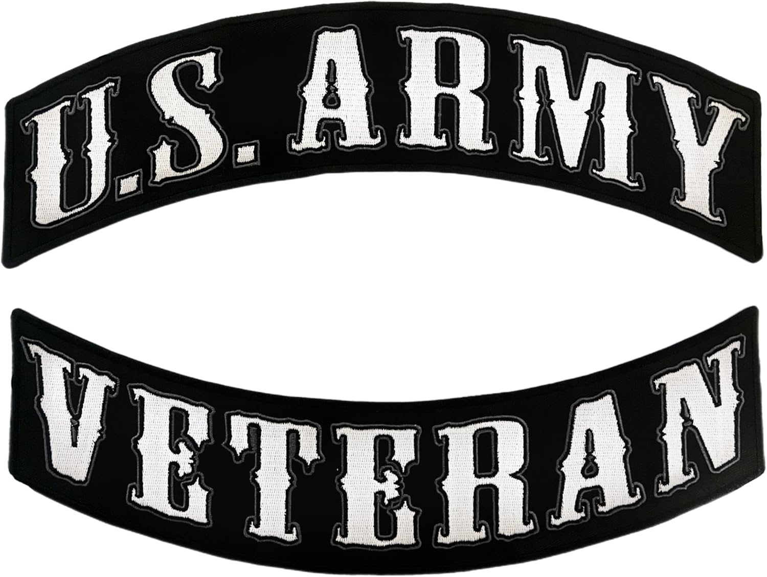 US Army Veteran Rocker Patches 12" | Large Military Vet Embroidered Motorcycle Jacket Patch Iron On 2 pc. Set - by Nixon Thread Co. (White/Gray)