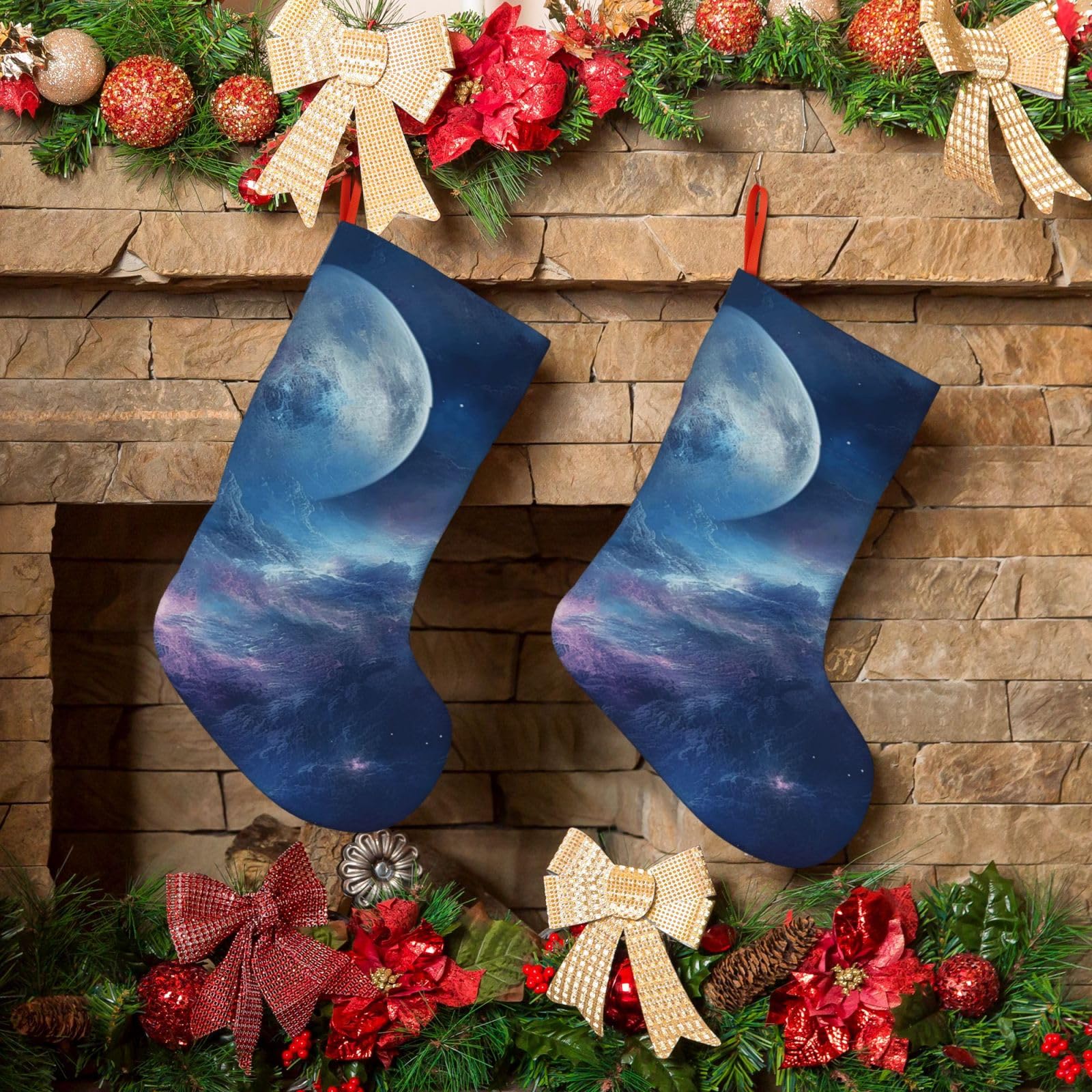 KLOPH Christmas Stockings 18" Personalized Xmas Stocking Nebula and Moon Decoration Stockings Hanging Ornaments Fireplace Stocking for Holiday Xmas Tree Christmas Decor