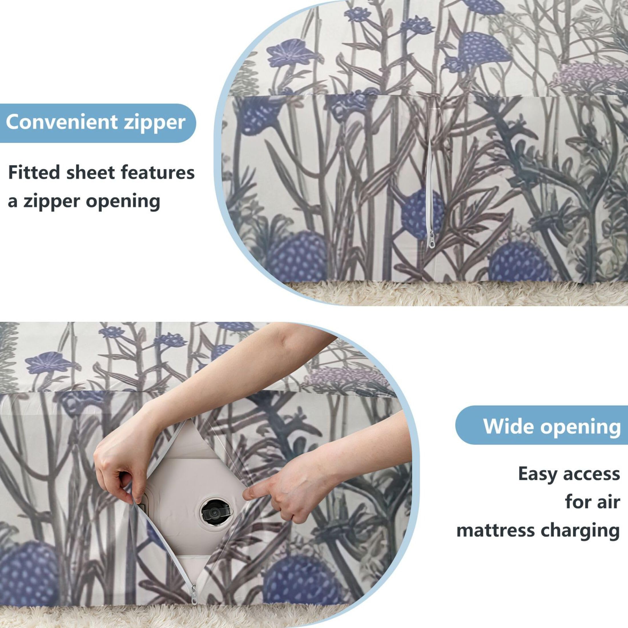 Wildflower - Sábana bajera ajustable individual para colchón de aire, bolsillo extra profundo de 24 pulgadas, funda suave y transpirable con apertura de válvula de cremallera para cama de