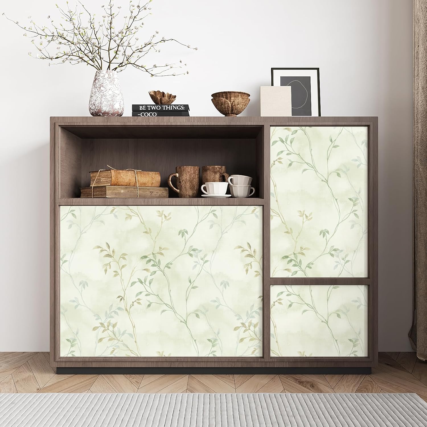 VaryStyle 17.7"x393" Vintage Leaf Branches Wallpaper Light Green/Yellow Foggy Tree Twigs Forest Peel and Stick Wallpaper for Kitchen Removable Waterproof Sticky Retro Contact Paper for Drawers Shelves