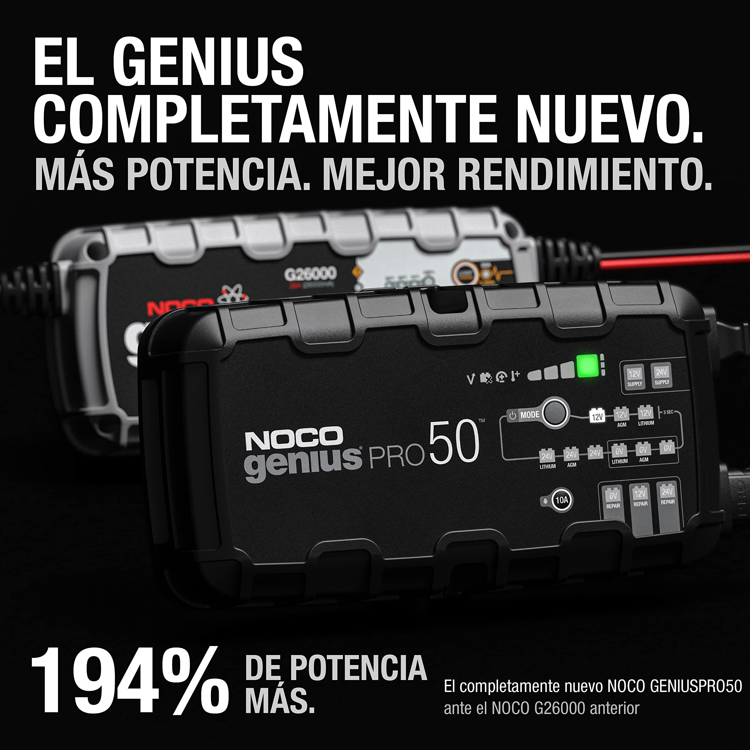 NOCO GENIUSPRO50: Cargador Profesional Inteligente de baterías 50A 6V/12V/24V – Mantenedor, desulfatador y Fuente de alimentación – Protección contra sobrecarga – para baterías de Plomo y Litio