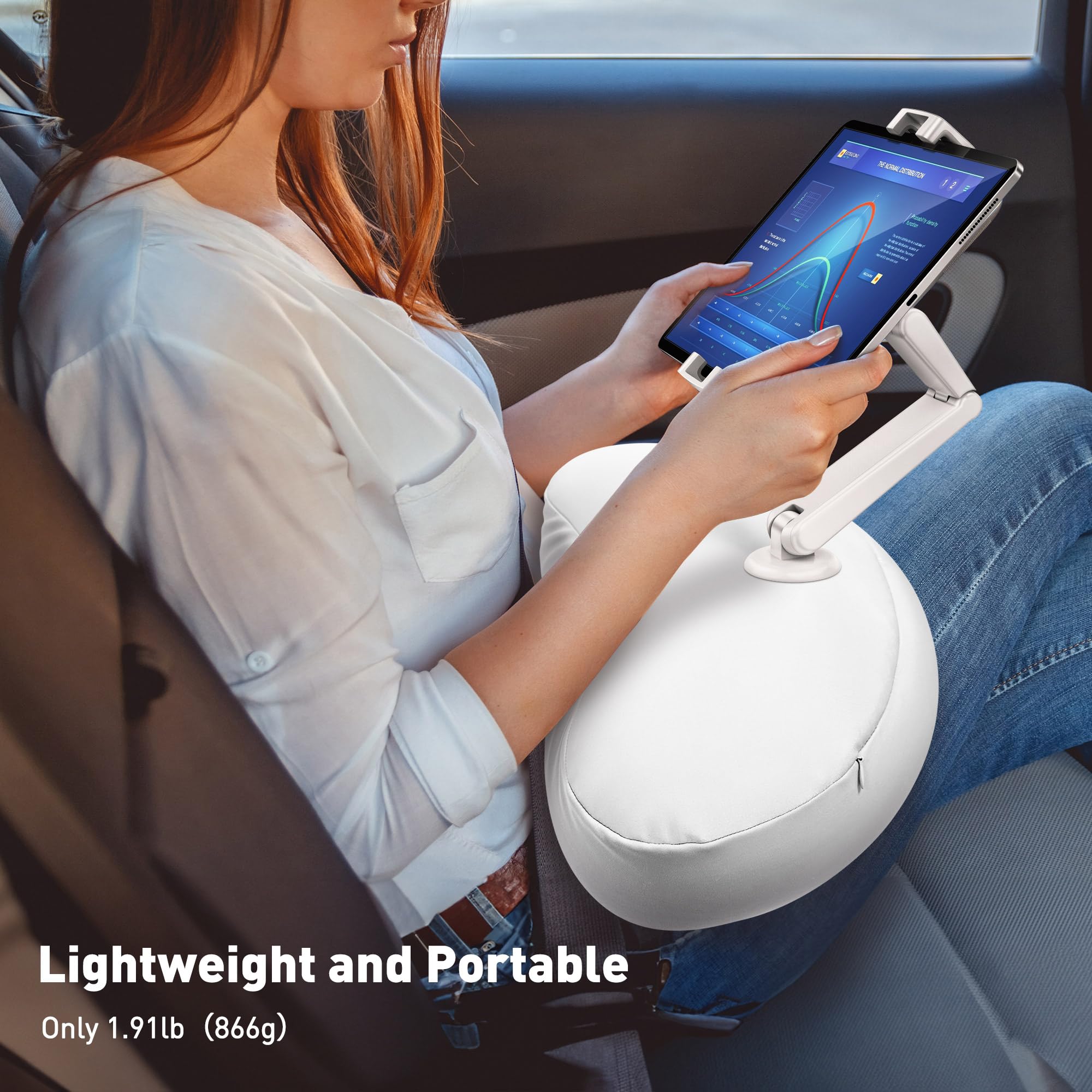 AboveTEK Tablet Kissen Halter, ipad Halterung für Schoß/Sofa mit Weichem Sitzsack, Mehrere Winkel Verstellbar Arm, ipad-Halter Bett für Kindle Handys Tablets von 4,7 bis 12,9 Zoll (Weiß)