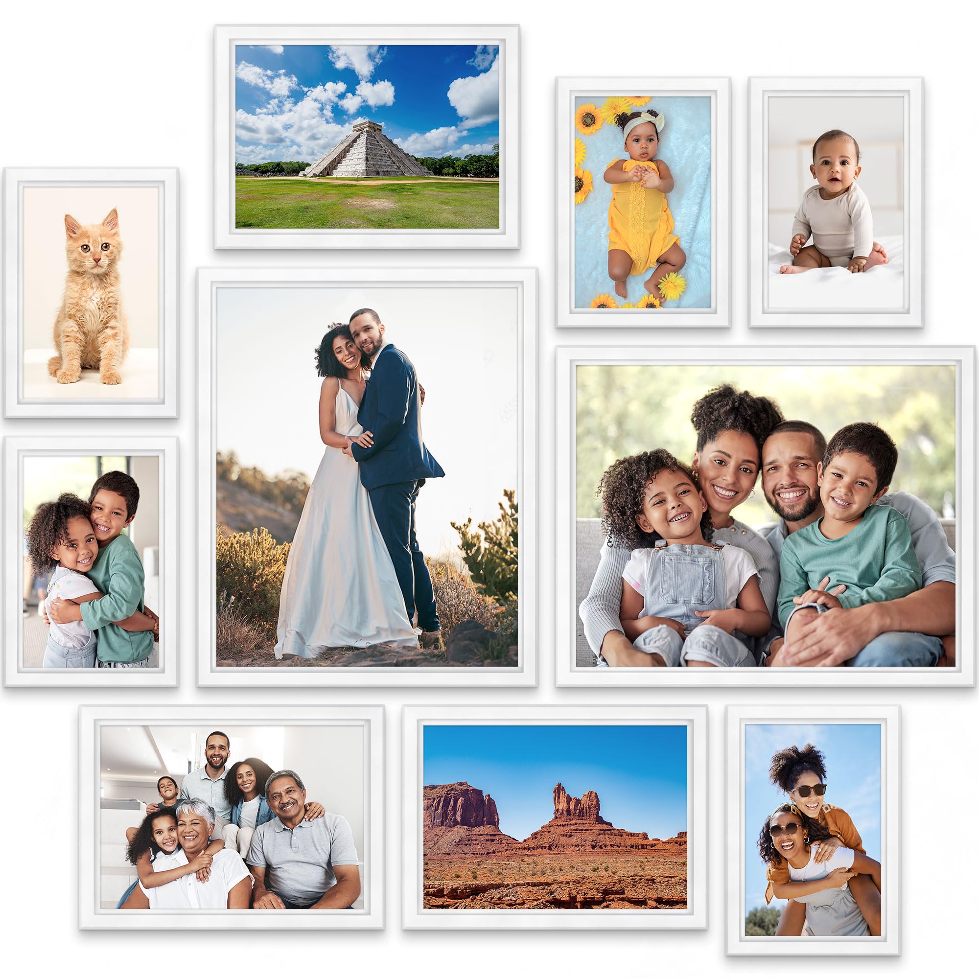 Combination White Picture Frames Set - 10 PC (Five 4x6, Three 5x7, Two 8x10), Classy Contemporary Style, Maestro Collection for Wall Gallery
