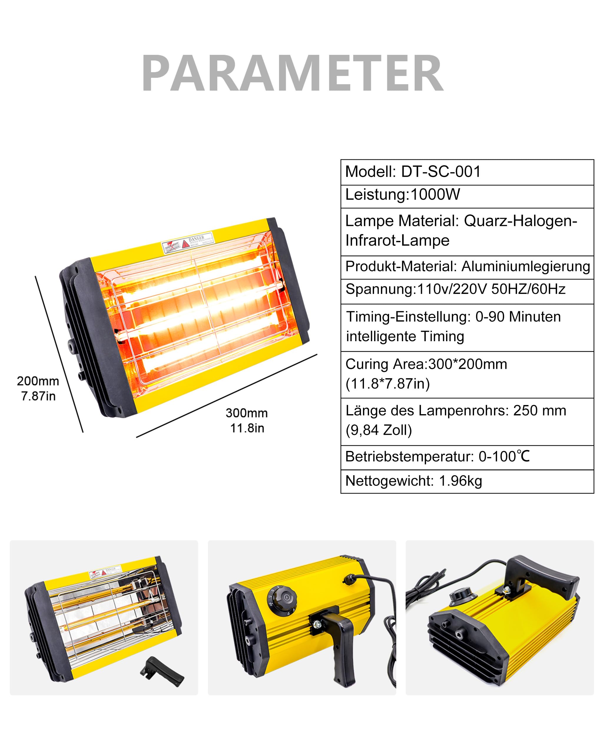 DATOUBOSS Lampara Secado Pintura Infrarroja para Coche 1000W Superficie de horneado 300 x 200 mm Calentador Infrarrojos de luz Pintura Adecuado para Pintura de Coche