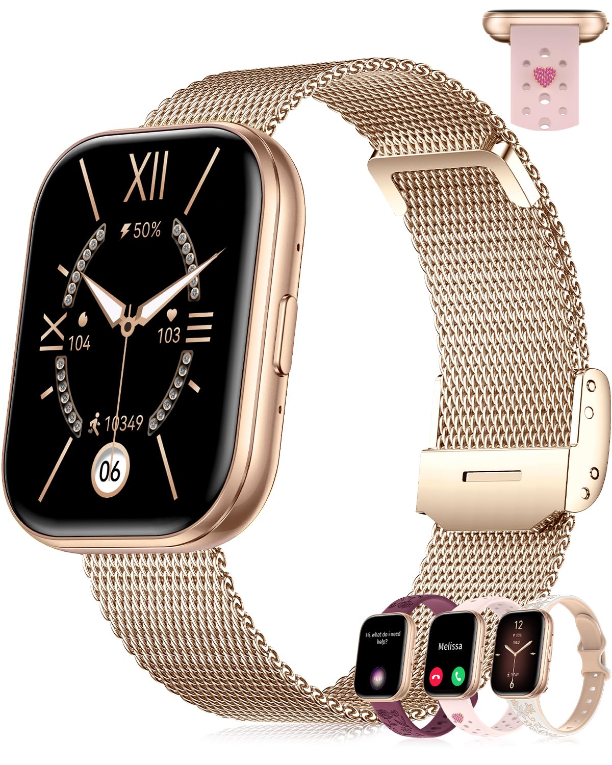 Montre Connectée Femme avec 4 Bracelets Appel Bluetooth 1.75" Smartwatch Femme pour iPhone Android Fonction Féminine Podomètre Fréquence Cardiaque Sommeil SpO2 100+ Sport Montre Intelligente, Or rose