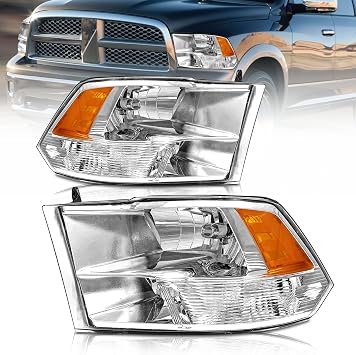 AS Headlight Assembly Compatible with 2009-2018 Dodge Ram 1500, 2010-2018 Ram 2500 3500 Pickup with Factory Quad Halogen Headlights, Chrome Housing Pair, Not Bulbs, Not for Projector/Dual/H13 Models