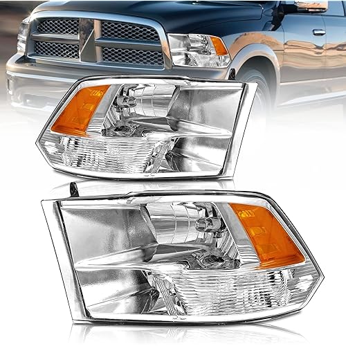 AS Headlight Assembly Compatible with 2009 2010 2011 2012 2013 2014 2015 2016 2017 2018 Dodge Ram 1500/10 11 12 13 14 15 16 17 18 Dodge Ram 2500/3500 Pickup QUAD Chrome Housing Pair