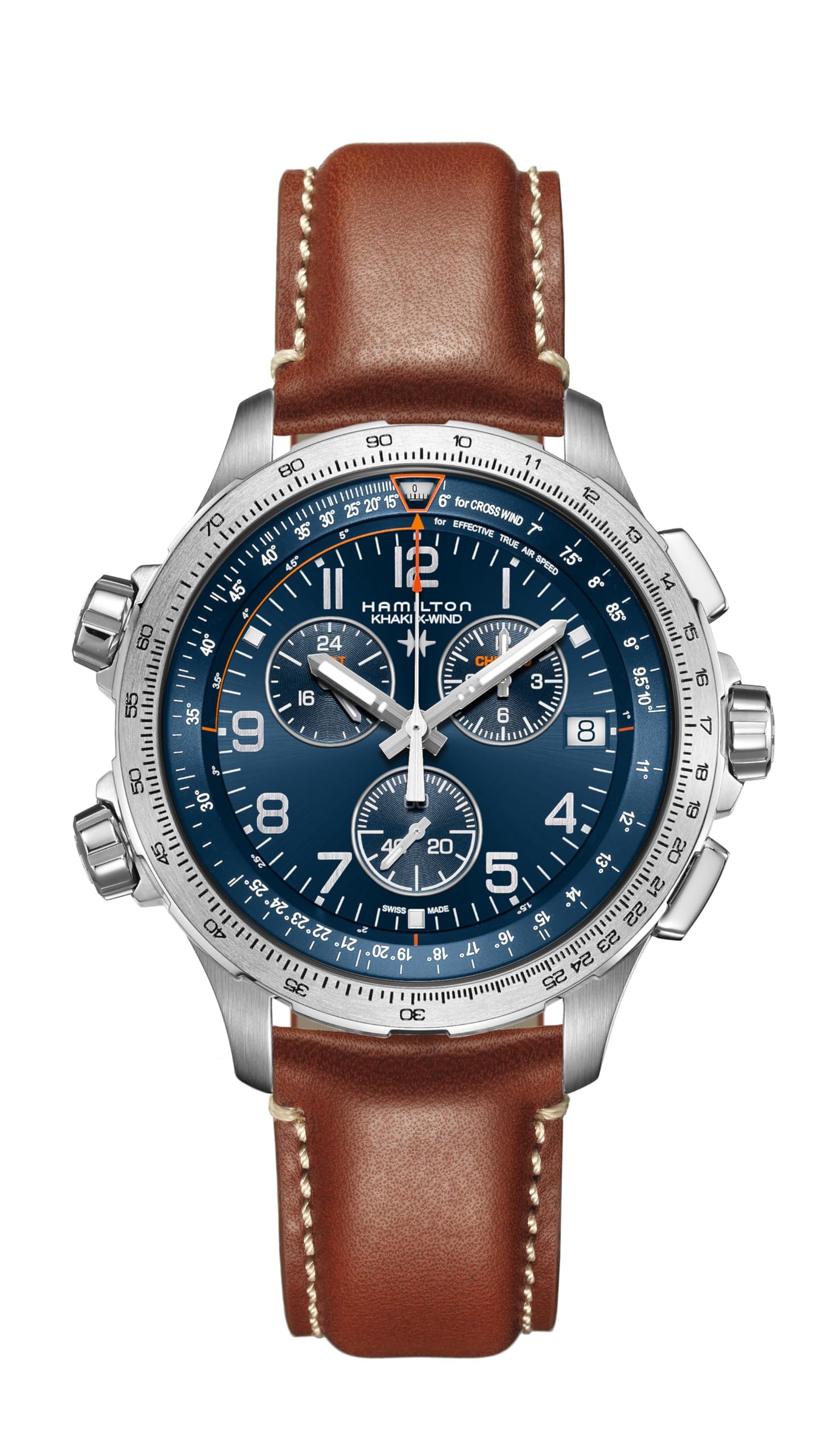 Khaki Aviation X-Wind GMT Swiss Chronograph Quartz Watch 46mm Case, Blue Dial, Brown Leather Strap (Model: H77922541), Blue, Quartz Watch