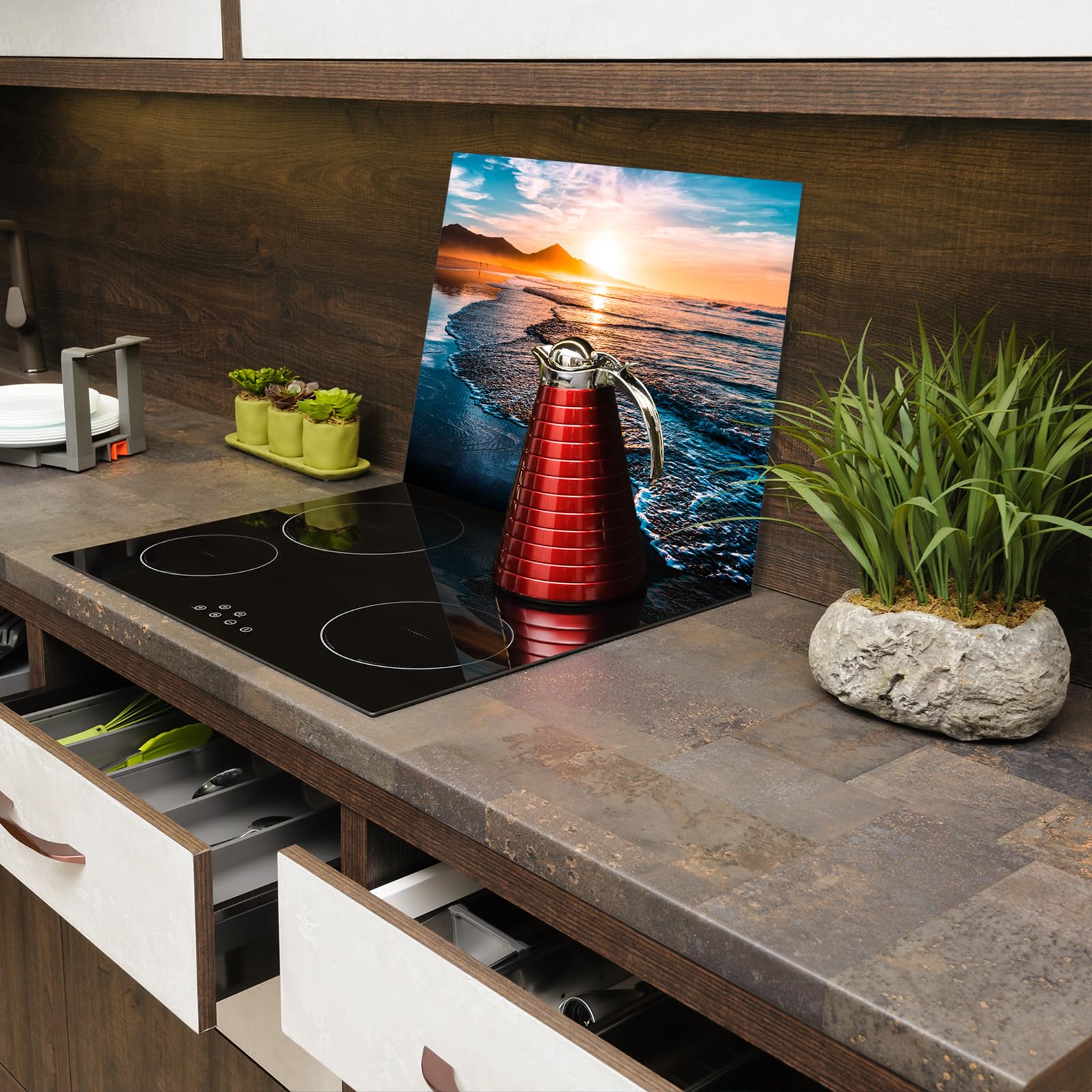 Protection plaque de cuisson, vitrocéramique, verre trempé, pour cuisinières électrique, à induction,planche à découper 60x52 cm une pièce paysage marin orange (107174)
