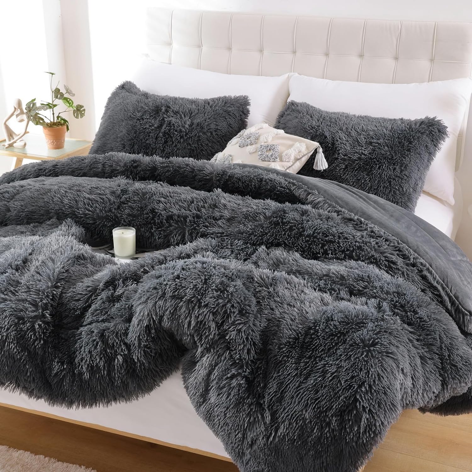 Smoofy Fluffy Queen Comforter Set, Faux Fur Comforter Set Queen Size, Luxury Fuzzy Bedding Set, Soft Shaggy Bed Set for All Season, 3 Pieces - 1 Comforter & 2 Pillowcases, Dark Grey - Image 4