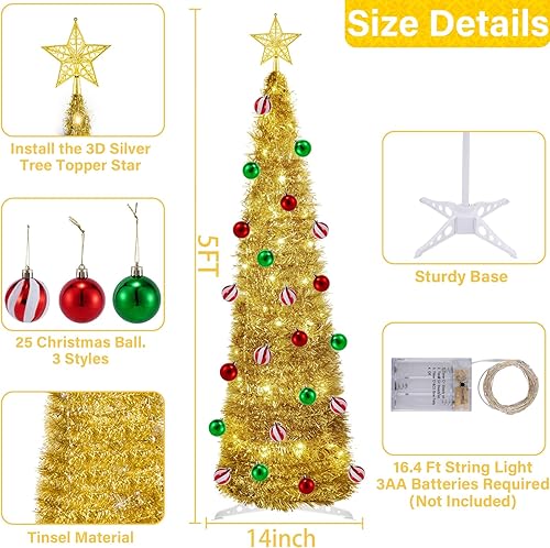 Miniatura 2 de 4 modos de iluminación y temporizador Árbol de Navidad desplegable de 5 pies con 25 adornos de bolas, árbol de Navidad de oropel con 60 luces de