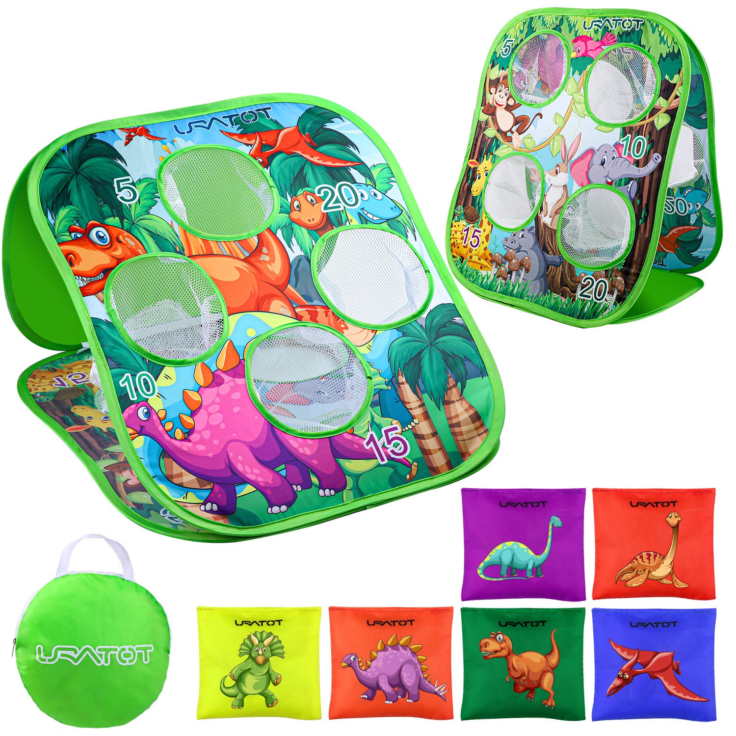 URATOT Bean Bag Toss Game Toy, Dinosaur and Jungle Animals Themes, Double Sided Board with 6 Colorful Bean Bags, Collapsible Outdoor Toss Games for Family