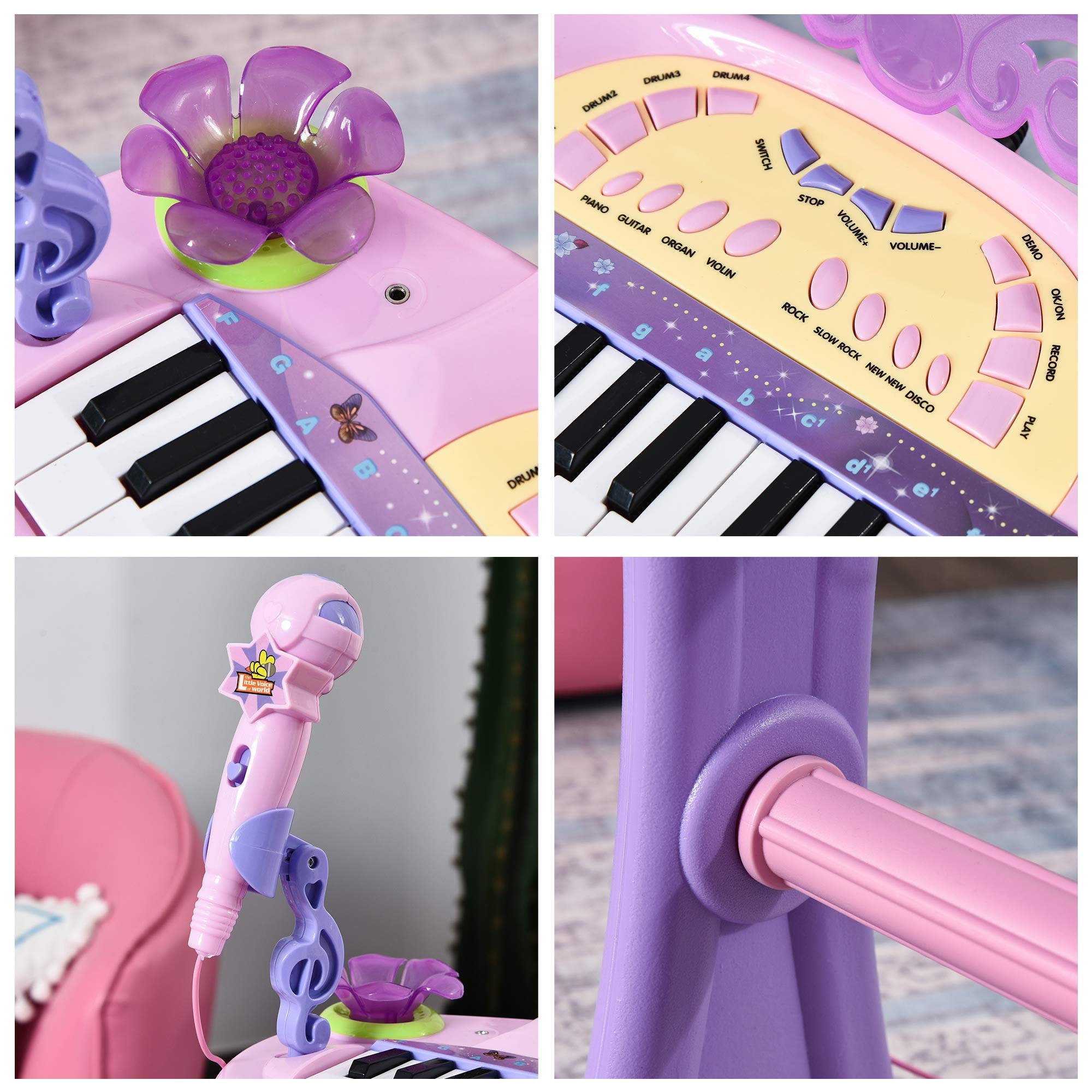 HOMCOM Teclado Electrónico Infantil 32 Teclas Juguete Musical Piano Infantil Piano para Niños con Micrófono Taburete Luces Variedad Sonidos Rítmos Melodias MP3 Karaoke Modo de Enseñanza Rosa