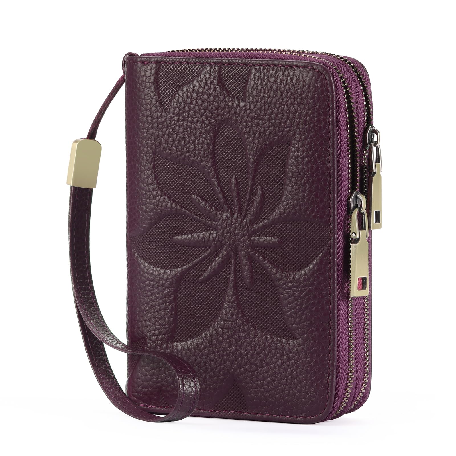 GOIACII Women's Wallet Double Zip Around Credit Card Holder Ladies Wallet Rfid Blocking Wristlet Purse Medium Size Leather Purple
