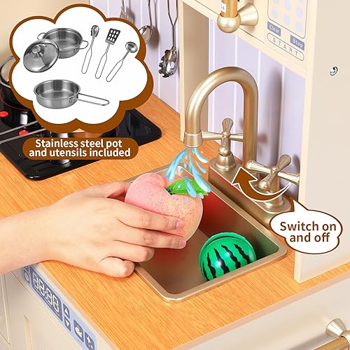 Miniatura 5 de Arlopu Juego de cocina para niños, juegos de cocina de juguete de madera para niños pequeños, juego de cocina con almacenamiento y accesorios, luz y
