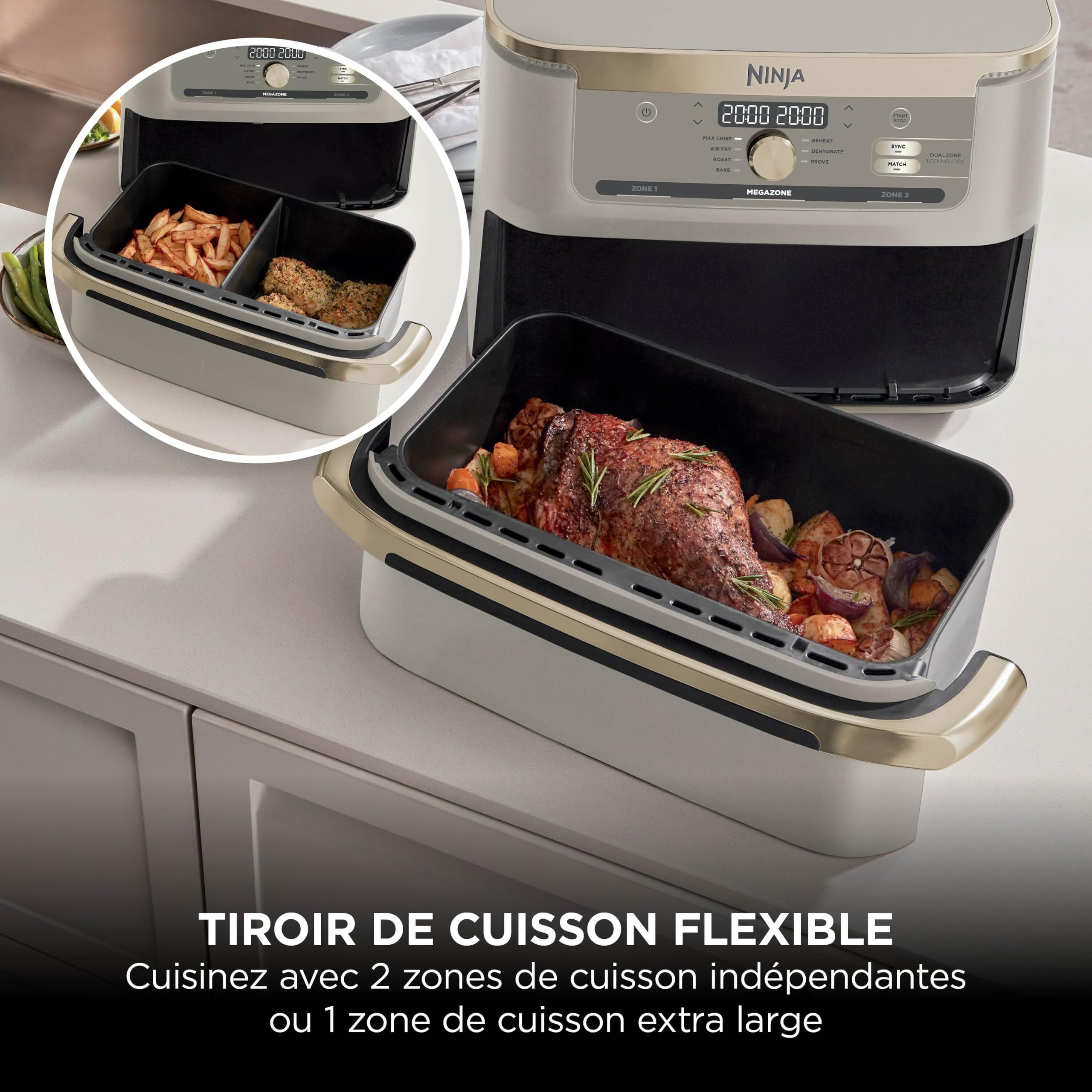 Ninja Foodi FlexDrawer Air Fryer, Dual Zone Avec Séparateur Amovible, Grand Tiroir de 10.4 L, 7-en-1, Double Zone, Sans Huile, Pièces Antiadhésives Compatibles Au Lave-Vaisselle, Stone/Or AF500EUSD
