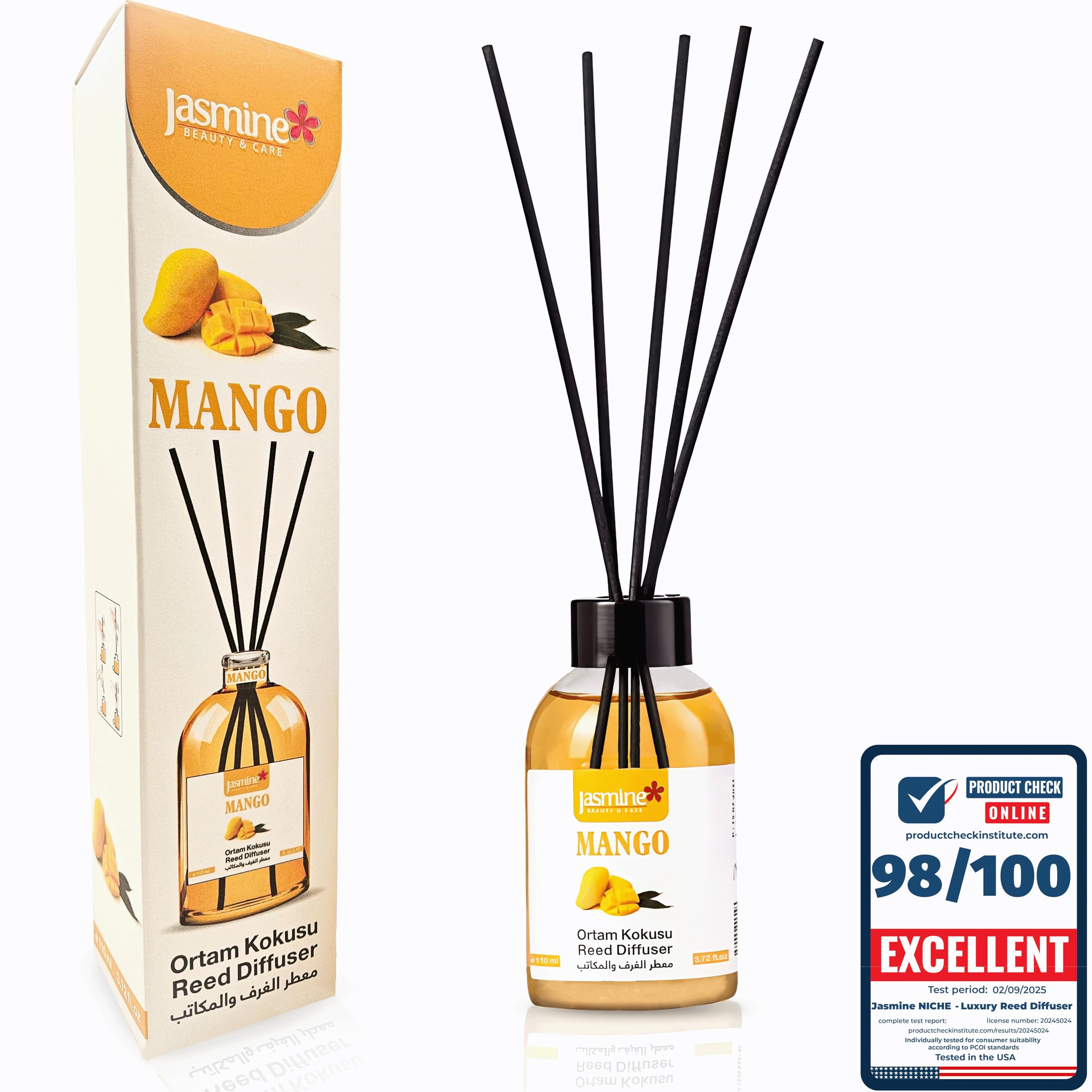Jasmine Reed Diffuser Set 3.7 fl oz Long-Lasting Home Fragrance & Aromatherapy Diffuser with 4 Sticks Black&Gold Bottle for Bedroom Bathroom Living Room Office Home Décor (Mango)