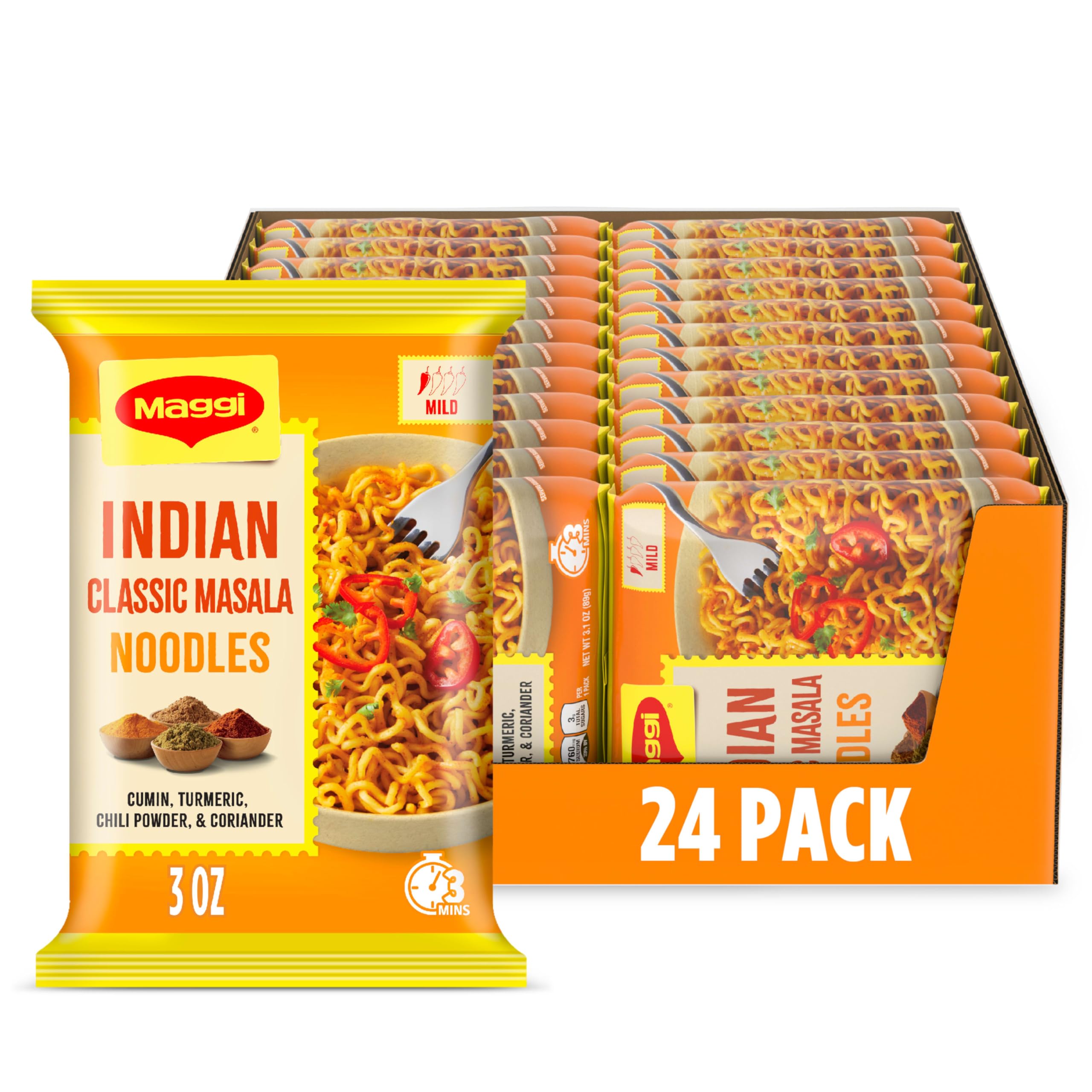 Maggi Indian Classic Masala Noodles, Instant Ramen Noodles Pack, 3 min, Mildly Spicy, Vegetarian, Halal, Kosher, 24 Pack Indian Classic Masala 0.11 Ounce (Pack of 24)