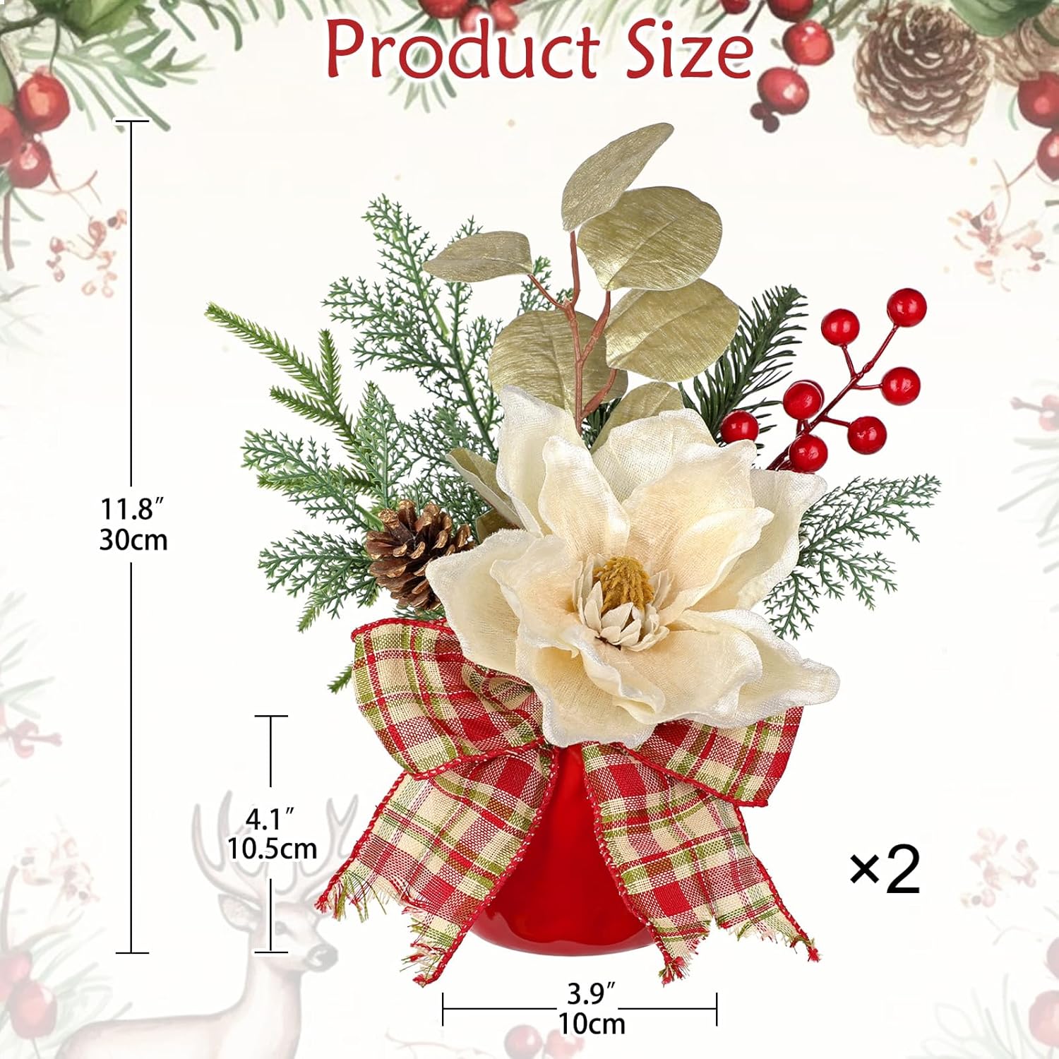 Artificial Christmas Floral Arrangement with Velvet Magnolia Pinecones Berries Ribbon Greenery Faux Flower Centerpiece in Ceramic Pot Holiday Arrangement for Home Mantel Xmas Dining Table Decor