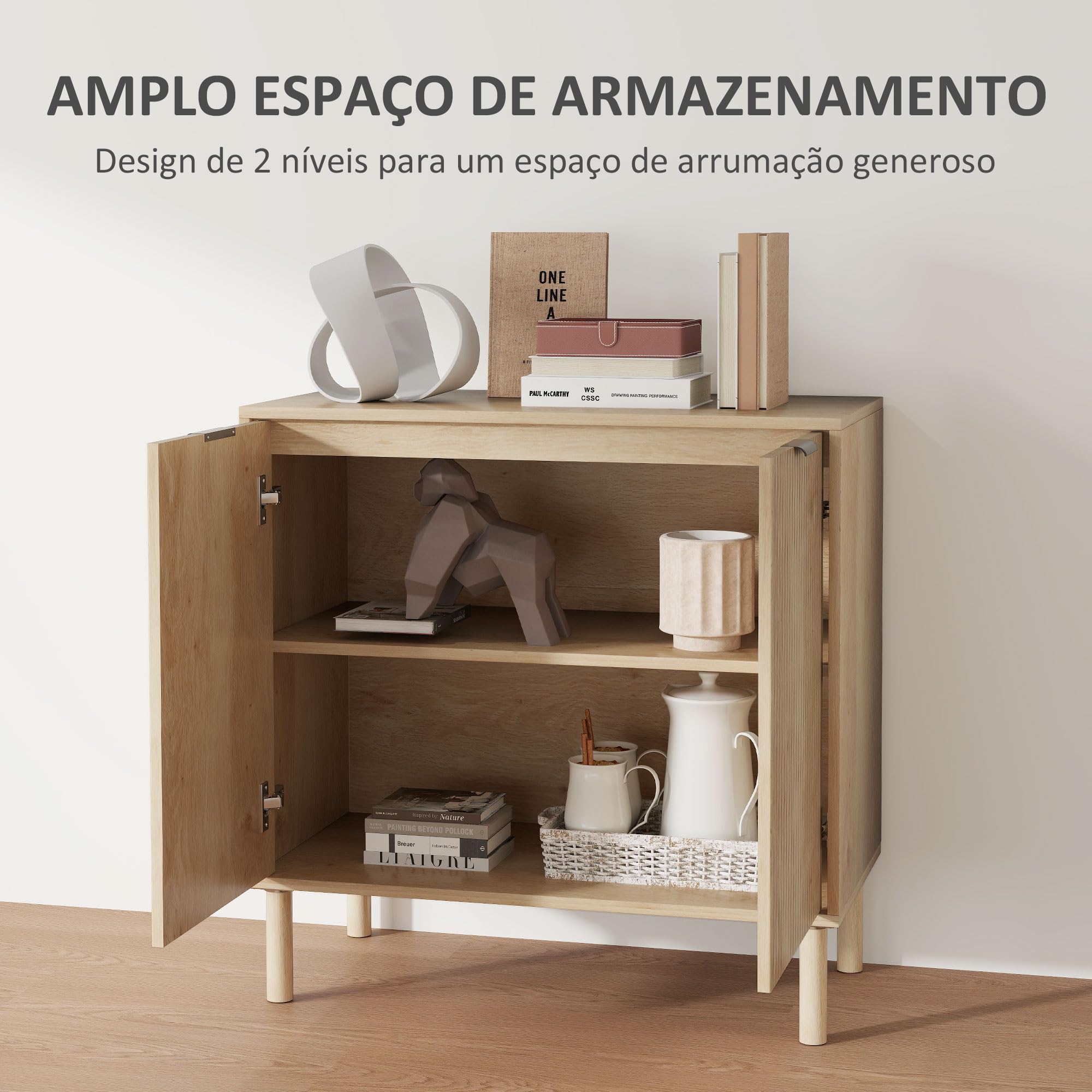 HOMCOM Aparador de Salón Estante Ajustable 2 Puertas 78x40x77,5 cm Roble | Aparador, Sistema Anti-vuelco, Patas de Madera de Pino, para Comedor Pasillo