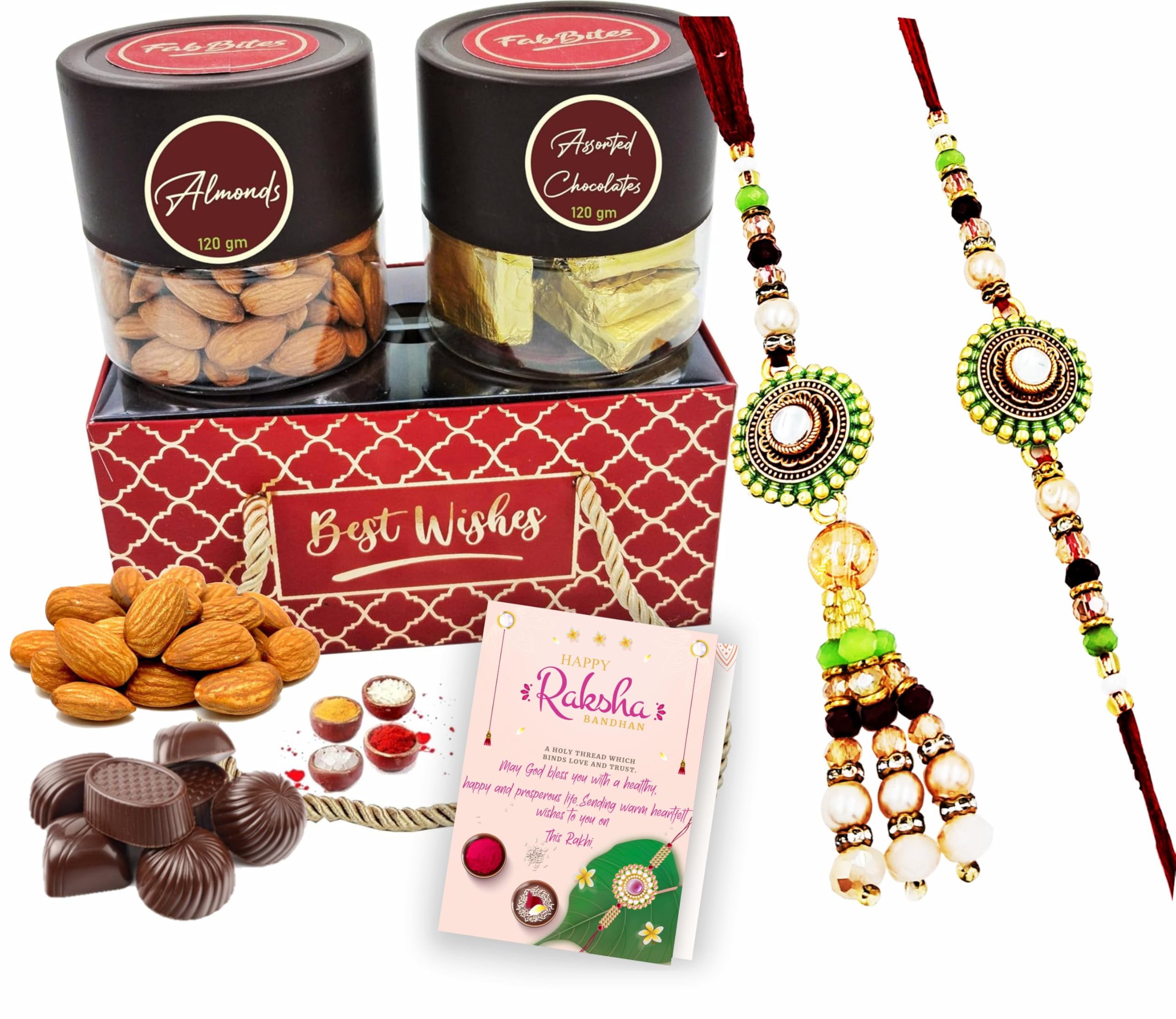 Fabbites Rakhi Gift Hamper for Bhai Bhabhi | Rakhi with Lumba, Almonds and Chocolate Gift Hamper for Brother and Sister in Law | Rakshabandhan Gift Hamper (B0D91WFQXZ) Amazon Price History, Amazon Price Tracker