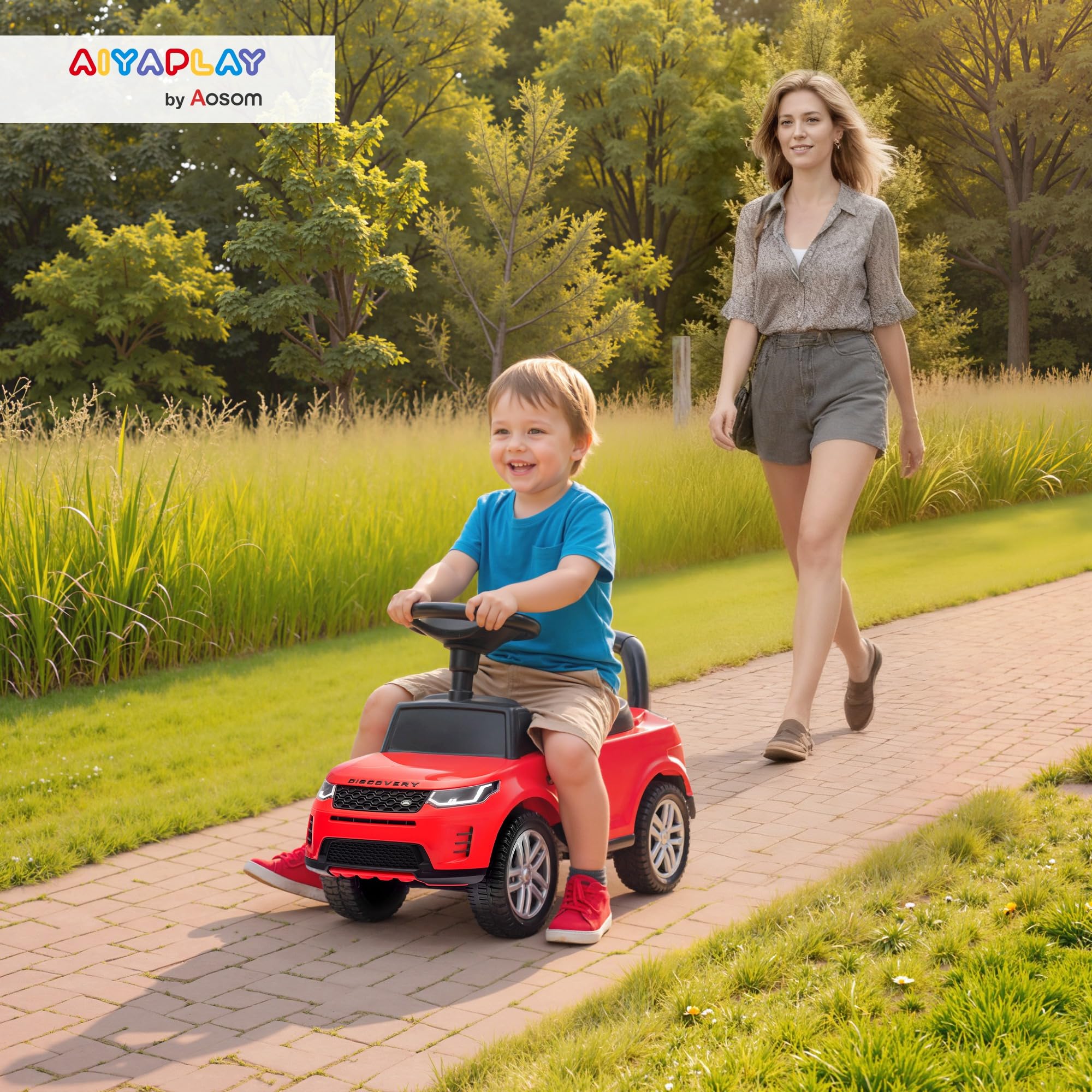 AIYAPLAY Macchina Primi Passi per Bambini Licenza Land Rover Discovery con Clacson e Spazio Portaoggetti, Auto per Bambini in PP e Acciaio, 65.5x28x42 cm, Rosso