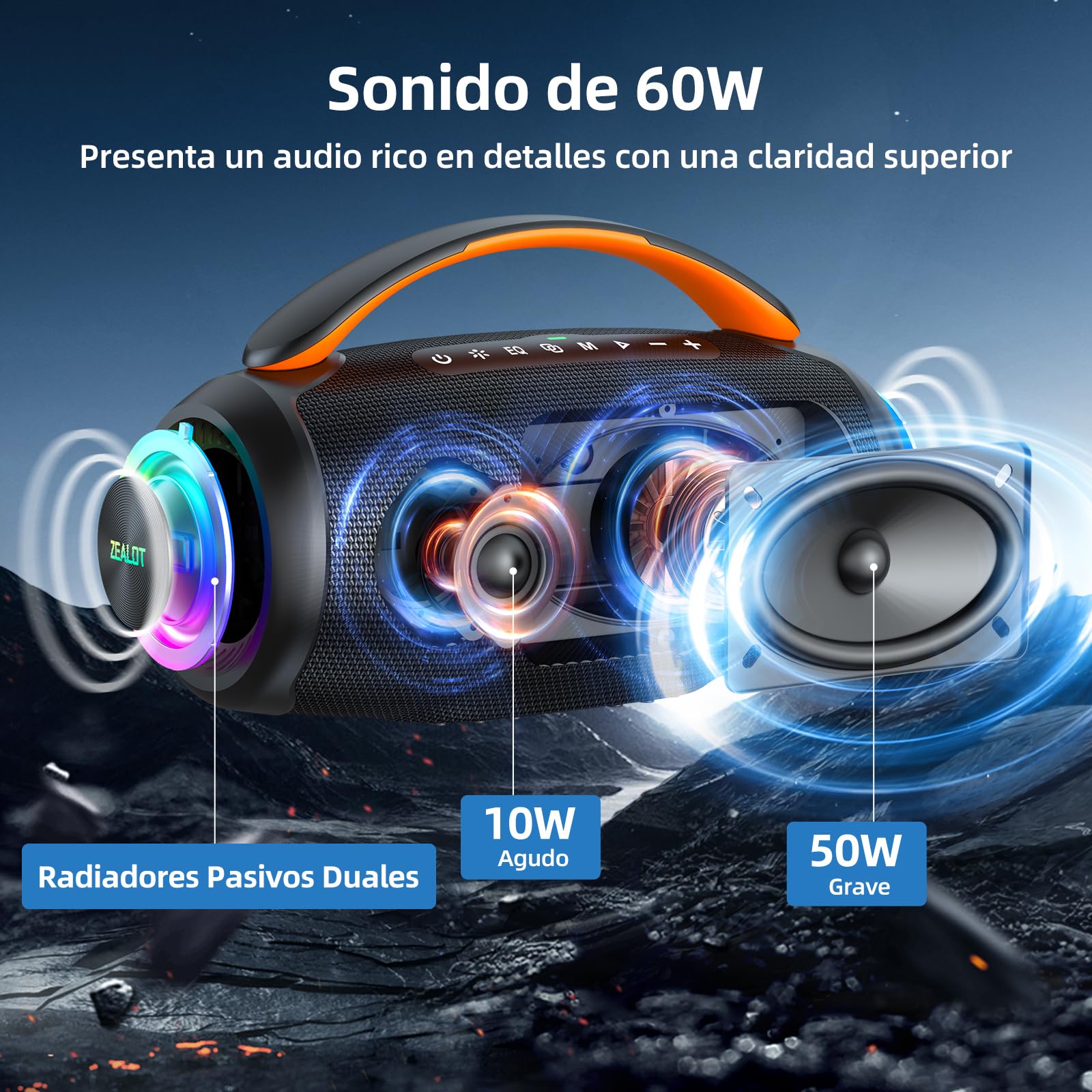 Zealot Altavoz Portátil con Potente Sonido 60W, Luces Led y Bluetooth 5.3, Resistente al Agua IPX6 para Exterior, Sonido Estéreo, 20H de Duración de La Batería, Negro
