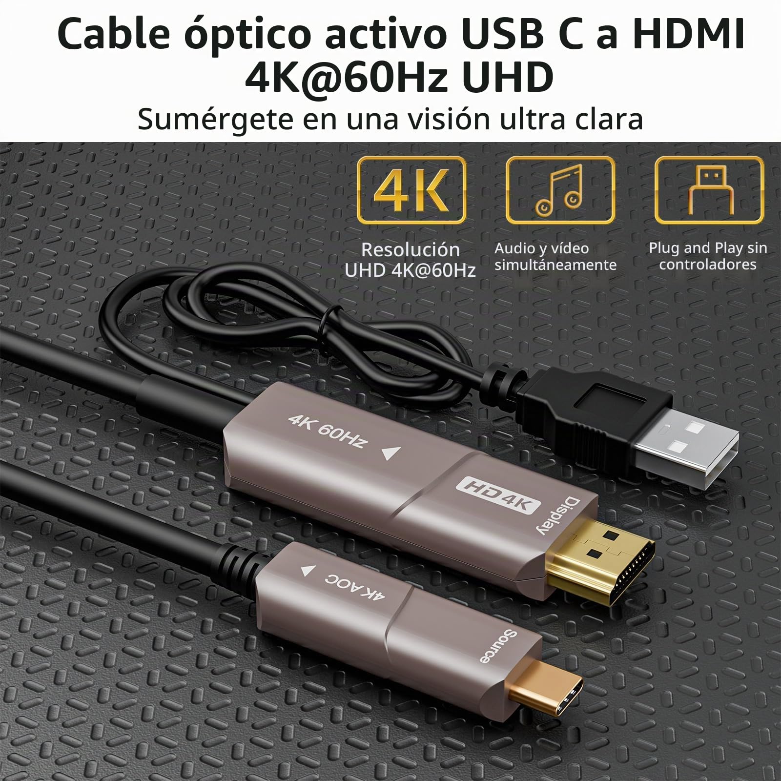 USB C a HDMI fibra óptica cable,CHENLENIC Cable USB C a HDMI de fibra óptica USB 3.1 tipo C a cable HDMI-10Meter