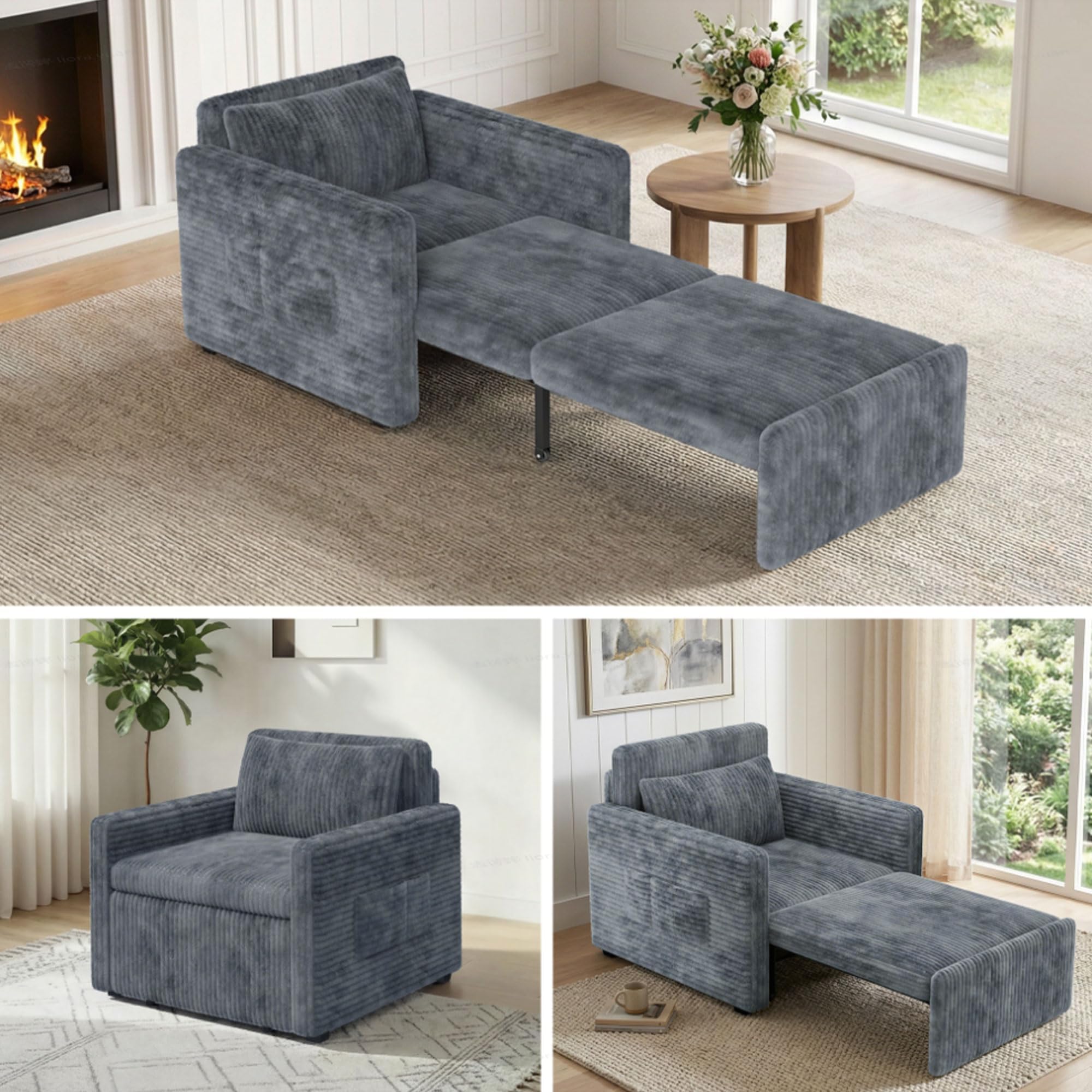 Xbro Poltrona Letto 3 in 1 Estraibile, Poltrona Letto Singolo Compatta per Ospiti e Piccoli Spazi, Divano Letto Salvaspazio con Tasche Laterali, 83x83x75 cm/Letto 196x69 cm, Grigio Scuro