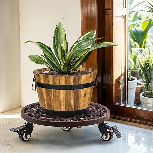 Miniatura 7 de Idzo Capacidad 350 libras Organizador para plantas con ruedas, soporte para plantas de hierro fundido resistente con ruedas bloqueables, estilo