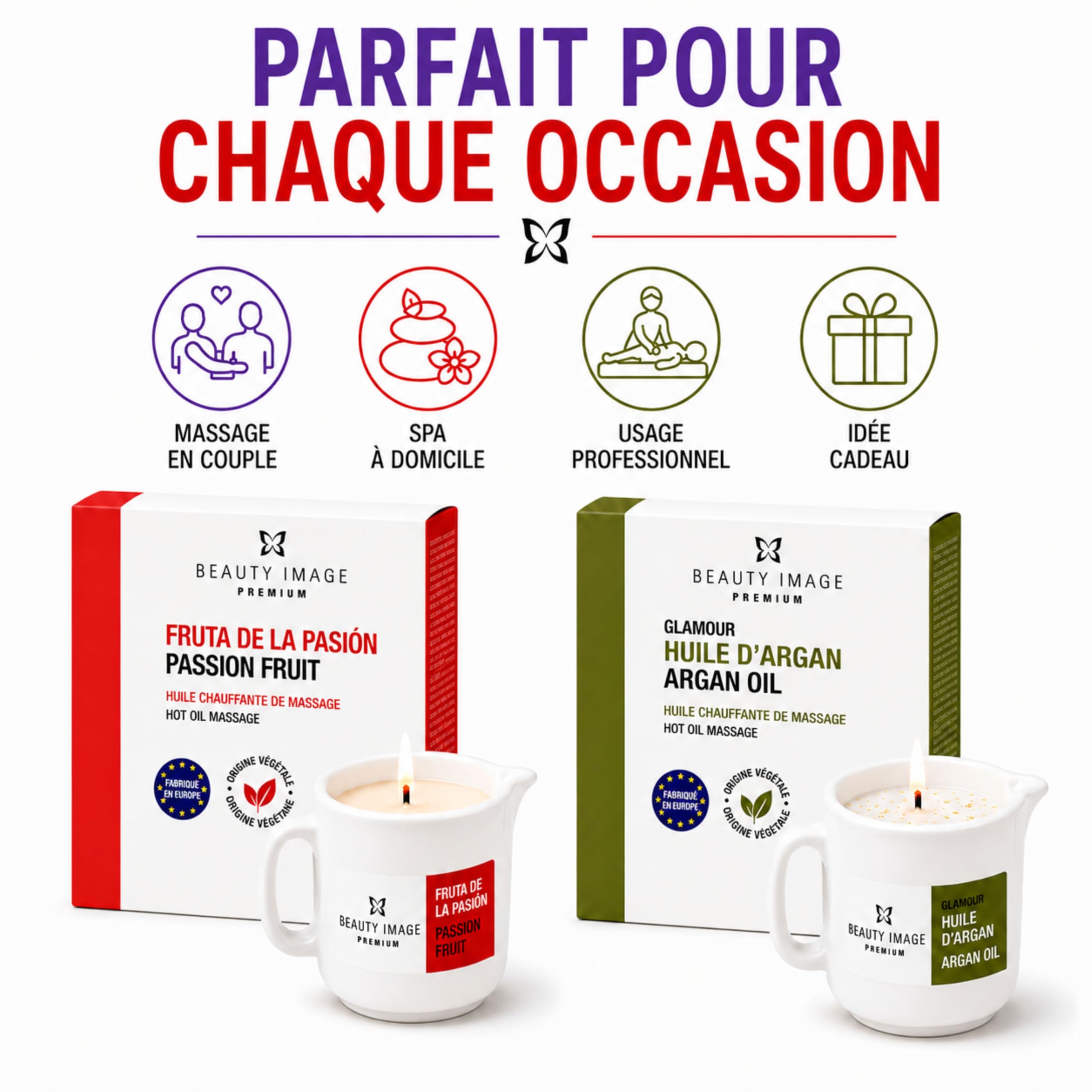 BEAUTY IMAGE Pack de 2 Bougies de Massage Top - Glamour Couleur Or Brillant - Parfum Fruit de la Passion. Huile Chaude pour Massage Professionnel. Qualité Fabriqué en Europe. Massage Sensuel.