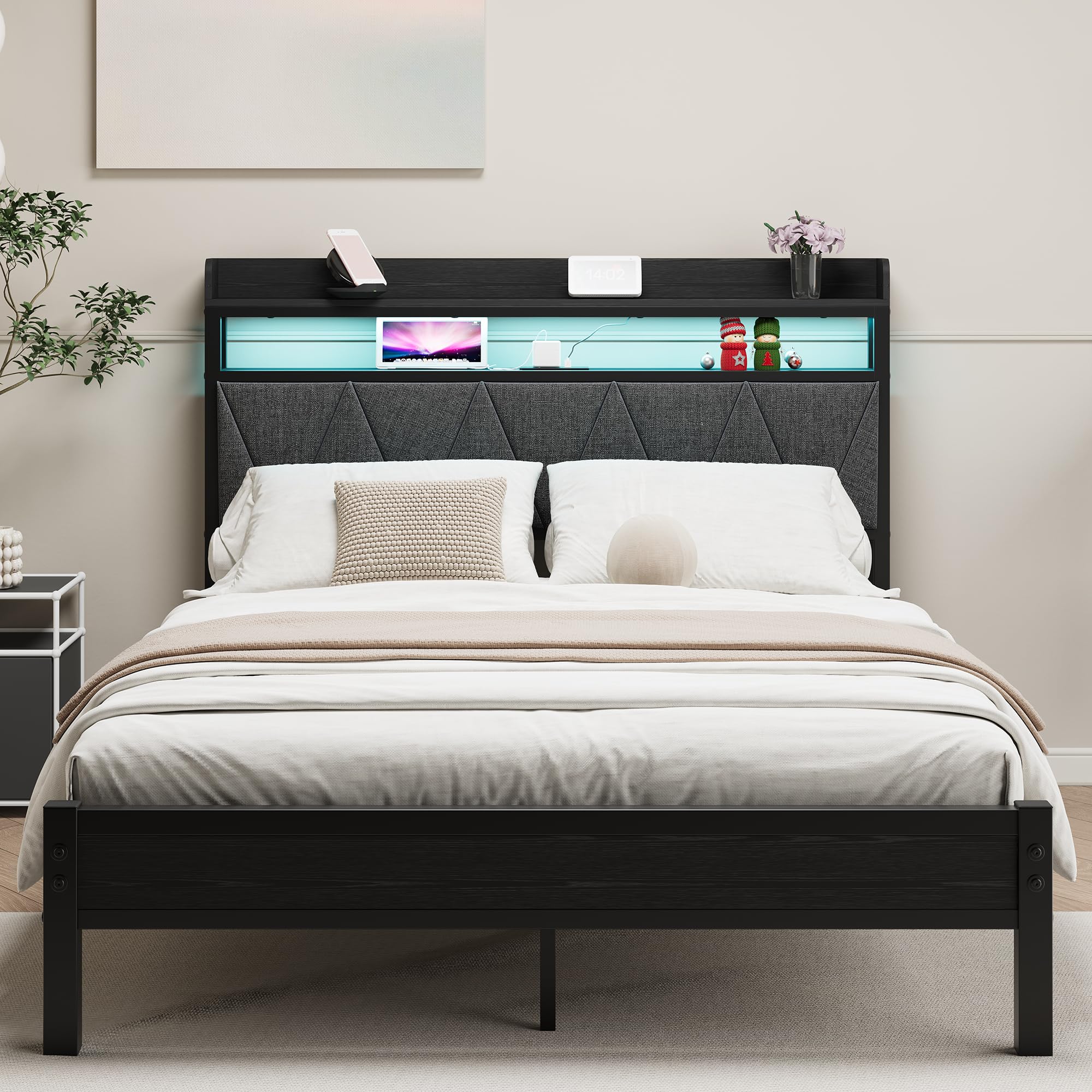 Telaio letto da 120 x 200 cm con testiera imbottita in legno con due ripiani, stazione di ricarica, luci a LED, telaio in metallo robusto, non è necessaria alcuna rete imbottita