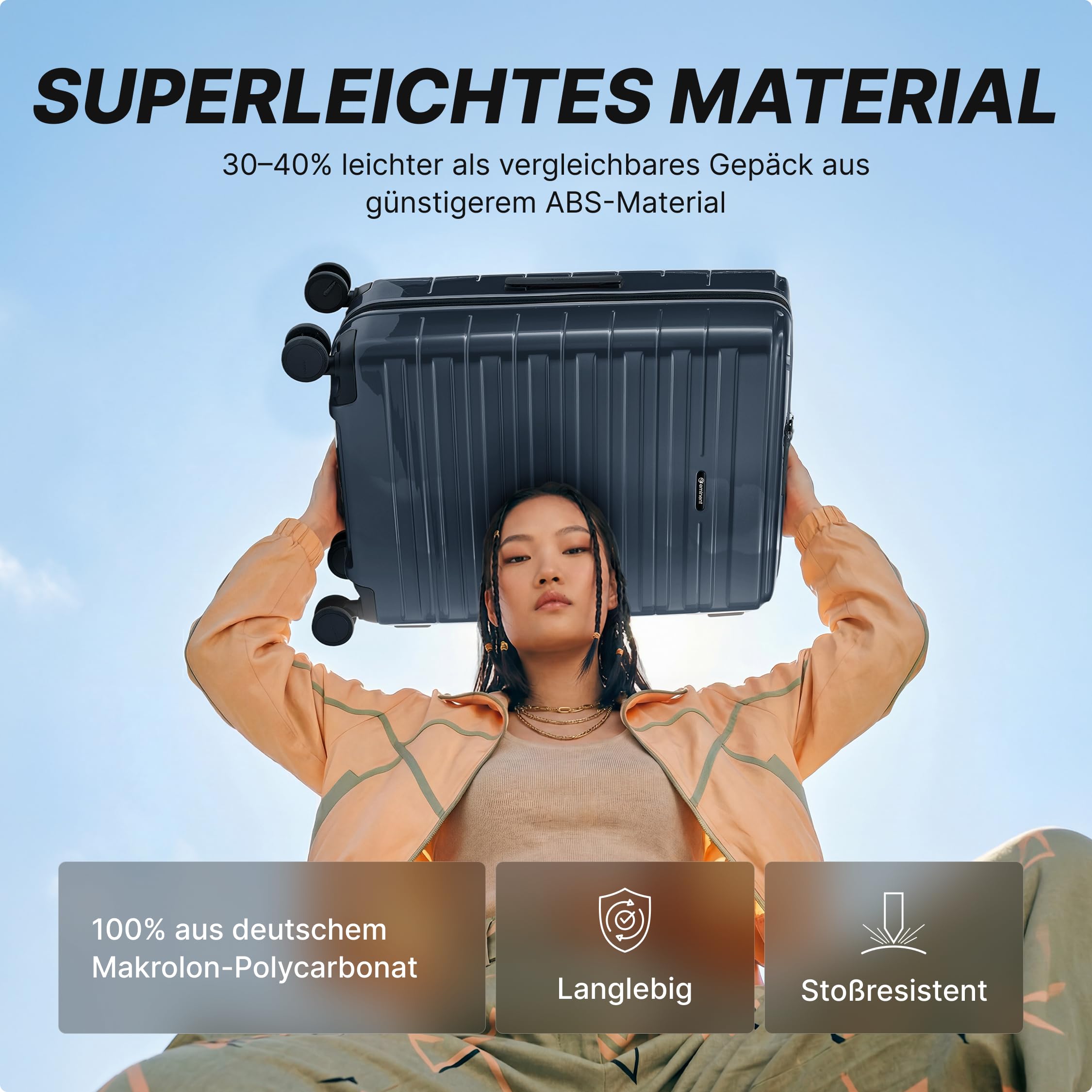 Eminent Voyager Handgepäck Koffer 55x40x20, Hartschalenkoffer leicht | 2,7 kg ultraleicht, 39L, erweiterbar 55x40x20 auf 55x40x23, TSA Schloss, 4 Rollen, Kabinentrolley, Makrolon, Dunkelgrau