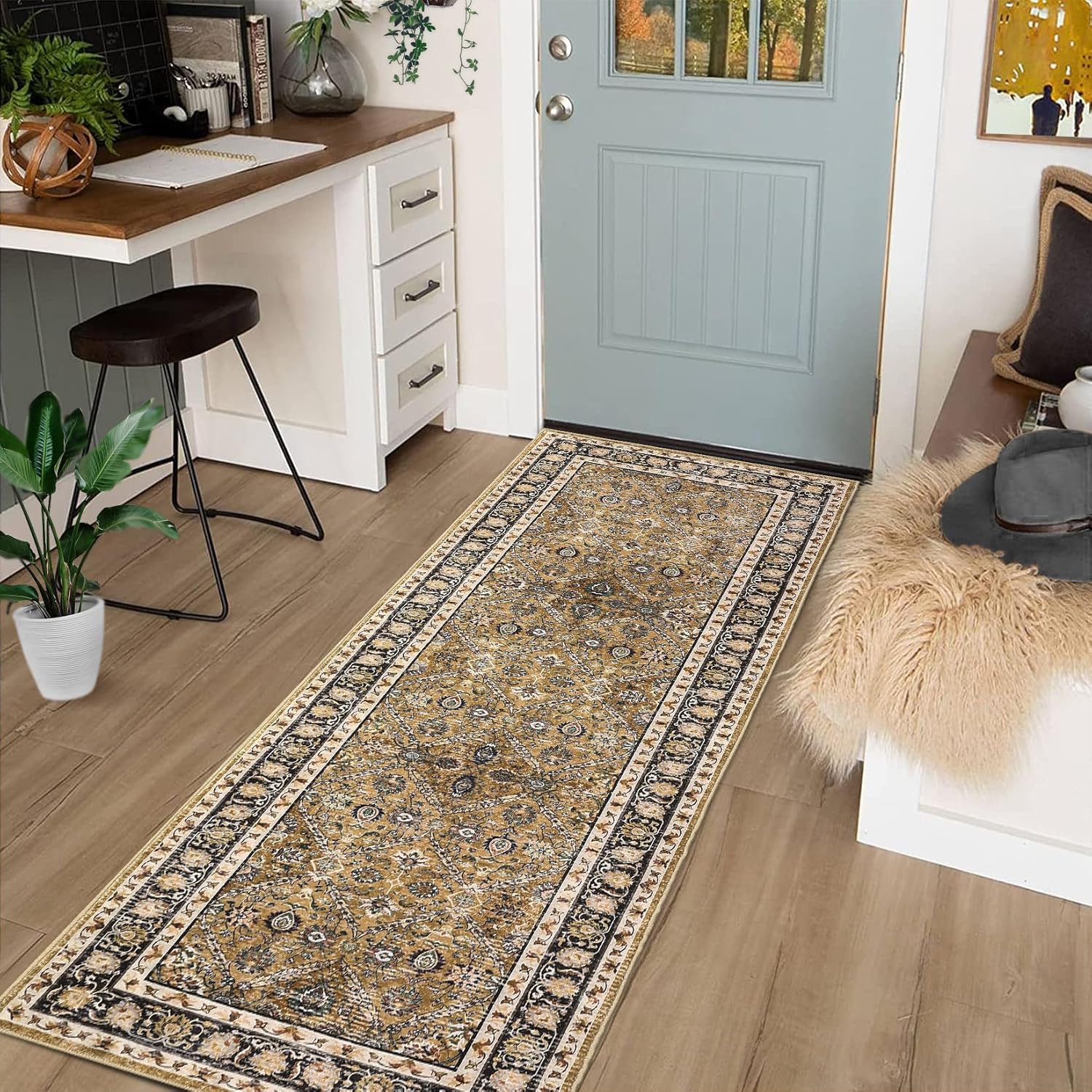 Runner Rugs for Hallway 2x6 Rug Runner Washable Kitchen Rugs Non Slip Vintage Rug Distressed Soft Hallway Runner Bohemian Low Pile Rugs for Living Room Bedroom Decor Nursery Rug Brown