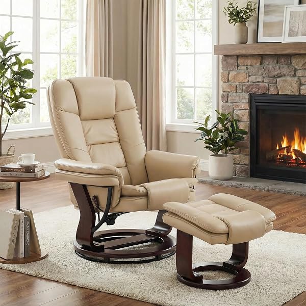 Argus Swivel Recliner with Ottoman, PU Leather & Wood Base Reclining Chair with Footrest, Ultra-Plush Double Foam for Li