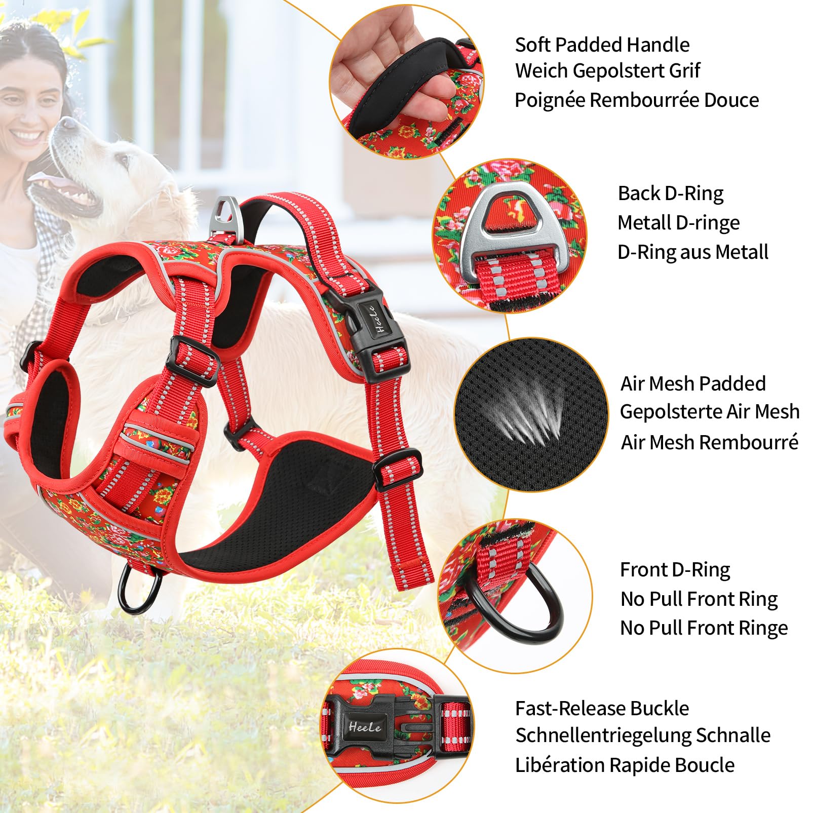 HEELE Pettorina Cane Taglia Piccola con Motivo Stampato, Riflettente Pettorina Addestramento Cani Anti Tiro con 2 Ganci in Metallo + Maniglia, Gilet per Cani Regolabile, Fiore-Rosso, S