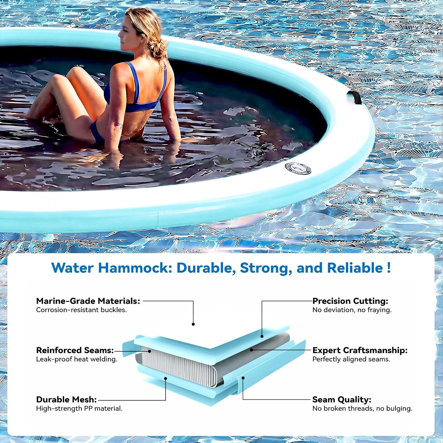 6-12FT Round Inflatable Floating Dock, Sunchill Float Ring, Water Hammock Tanning Pool Floats with Woven Fabric, Manual Pump for Quick Inflate/Deflate, Fits 2-8, Ideal for Lakes, Oceans
