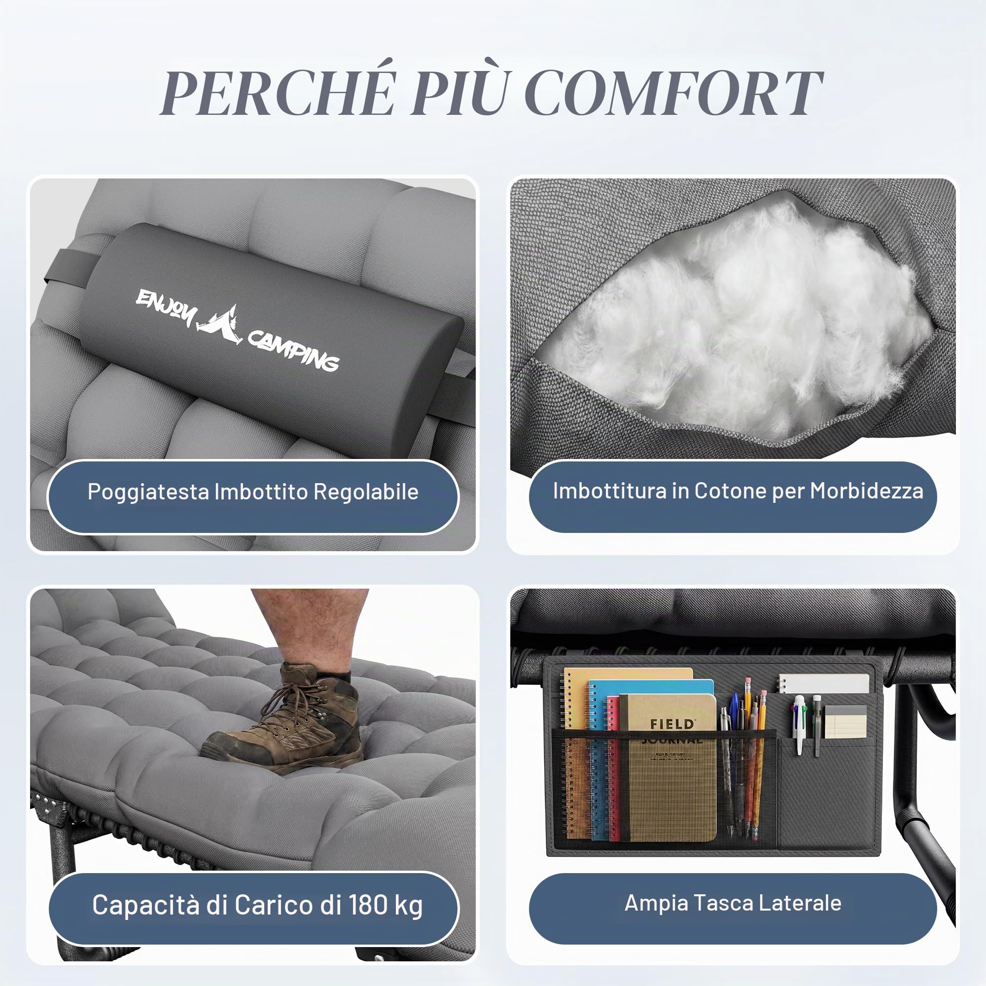 UDPATIO Lettino da campeggio pieghevole con cuscino imbottito, sdraio da giardino con schienale regolabile, sedia da spiaggia per campeggio all'aperto, grigio