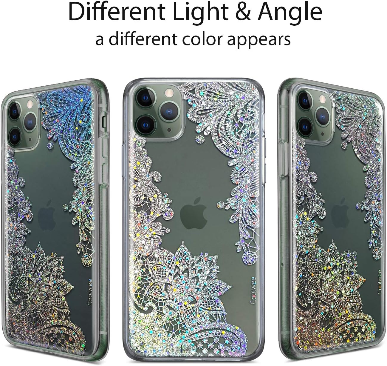 Coolwee Clear Glitter iPhone 11 Pro Case Thin Flower Slim Cute Crystal Lace Bling Women Girls Floral Plastic Hard Back Soft TPU Bumper Protective Cover for Apple iPhone 11 Pro Mandala Henna Sparkle