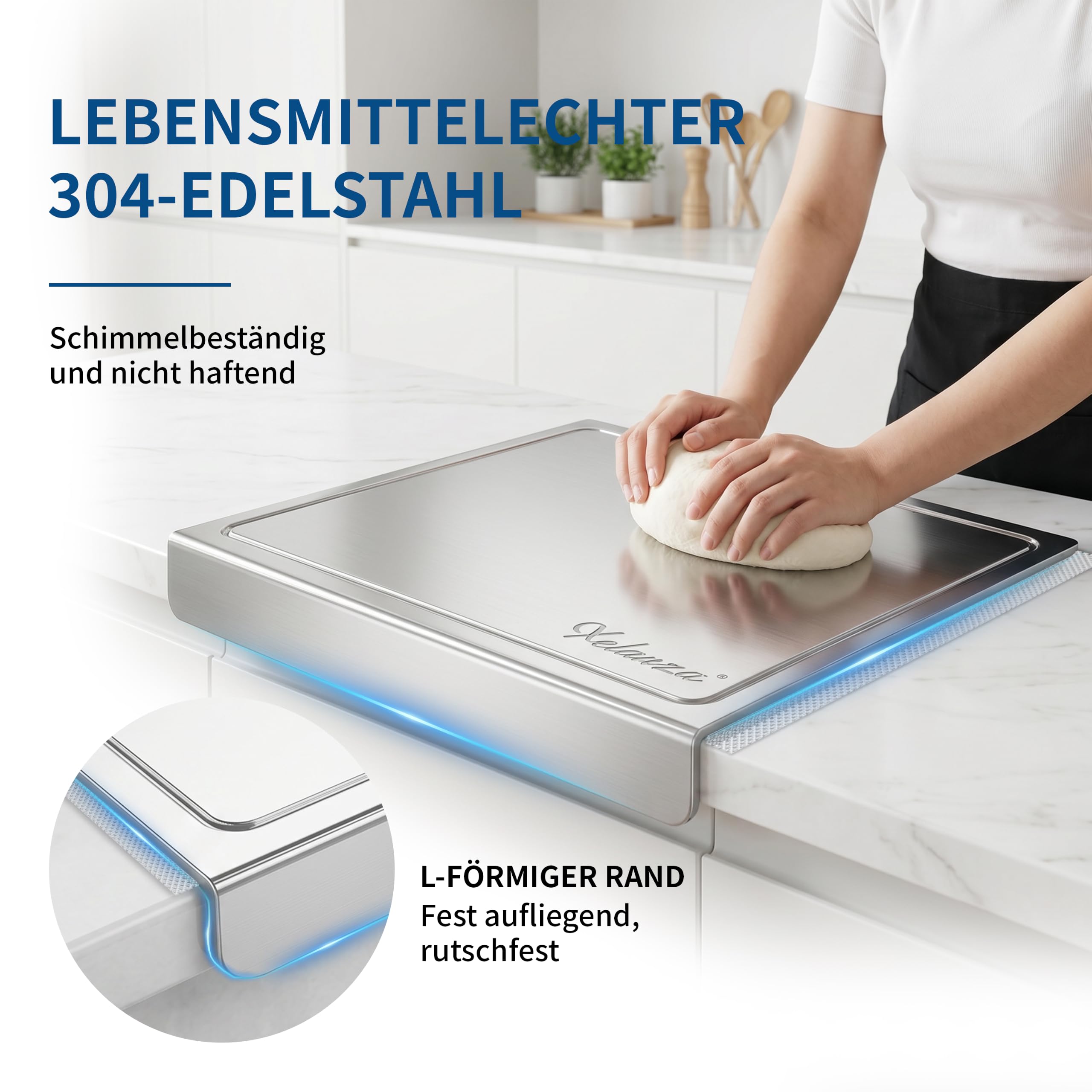 2026 Neue Edelstahl-Schneidebretter für die Küche, Schneidebretter mit Saftrille, Metall-Knetbrett mit Anschlagkante zum Backen, Schneidebrett für die Arbeitsplatte zur Zubereitung (50X50CM)