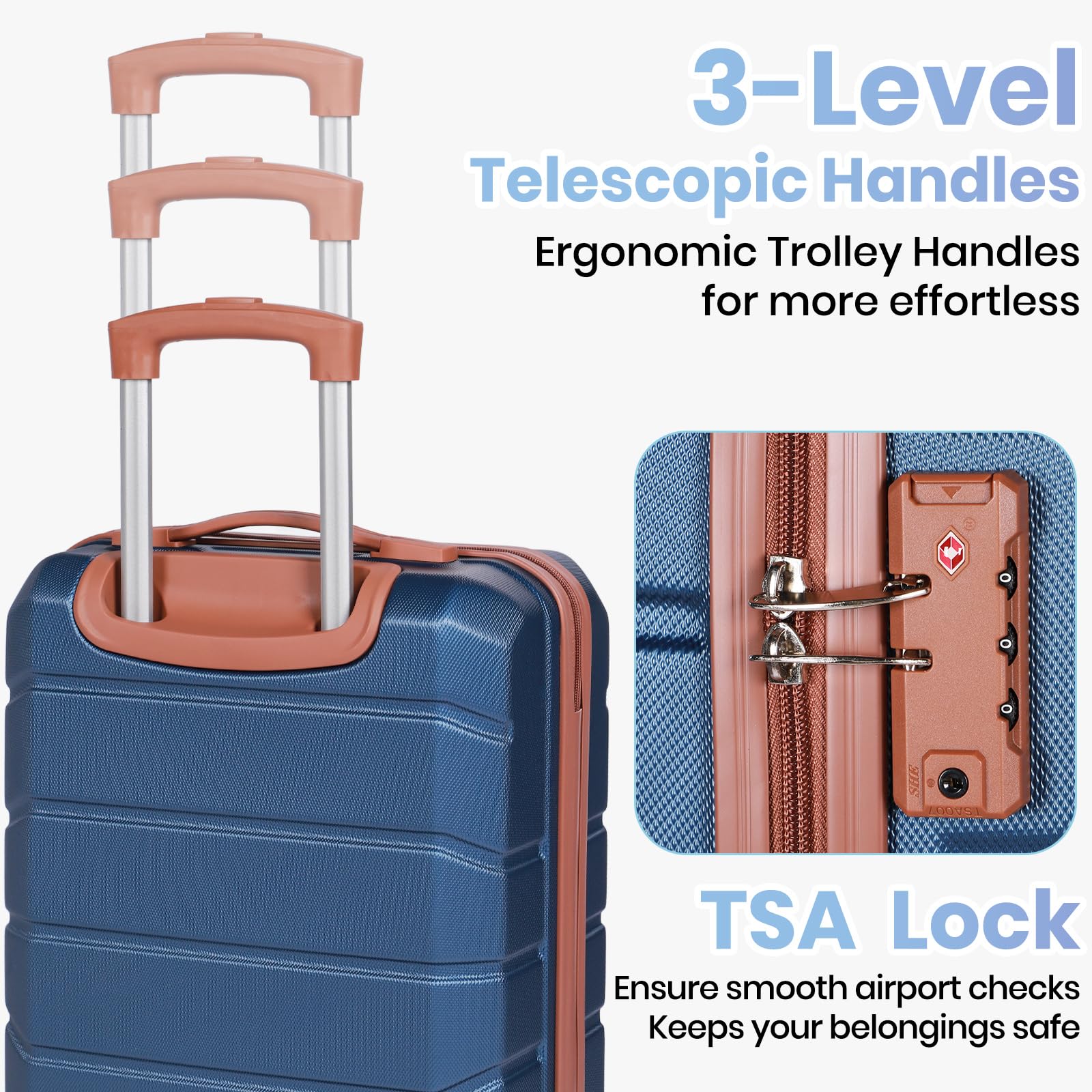 Set valigie 5 pezzi rigide in ABS leggere, trolley da viaggio con ruote girevoli e lucchetto TSA, 20”+24”+28”, con borsone da viaggio e beauty case, blu