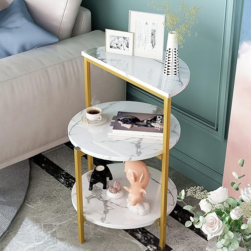 Miniatura 1 de Lamerge Mesa auxiliar blanca y dorada, mesa auxiliar de mármol sintético de 3 niveles, mesa auxiliar redonda pequeña con marco de metal, mesitas de