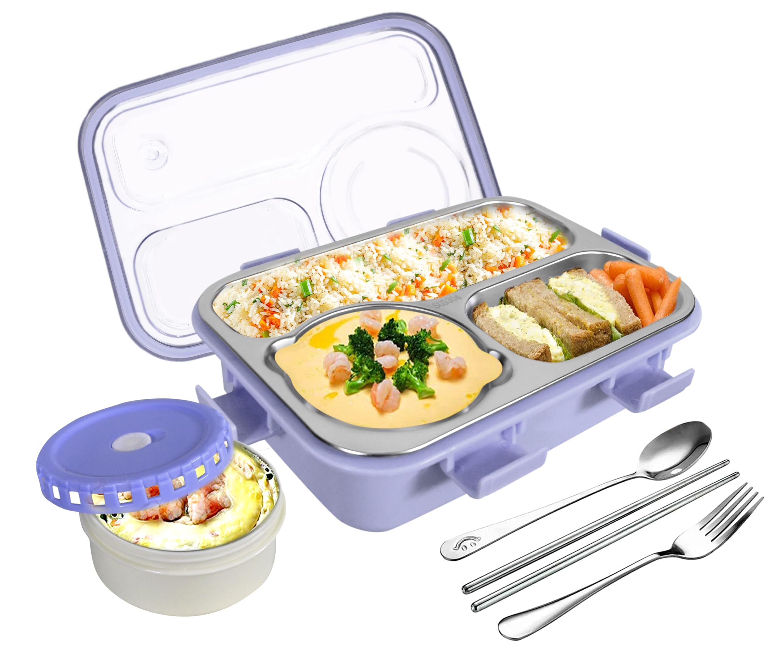 TEC TAVAKKAL Lunch Box 3 Compartment Leak-Proof BPA Free Stainless Steel, Lunch Box for Kids, Lunch Box for School & Office with a Fork, a Spoon and a Pair of Chopsticks (Purple), 750 ml