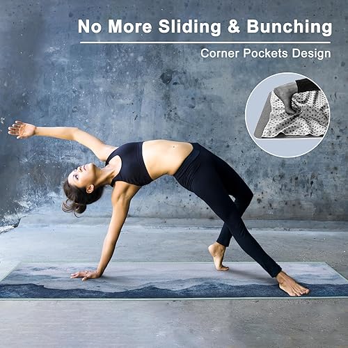 Miniatura 3 de QiyI Toalla para esterilla de yoga con bolsillos en las esquinas, toallas de yoga antideslizantes que absorben el sudor, mantas de yoga suaves con