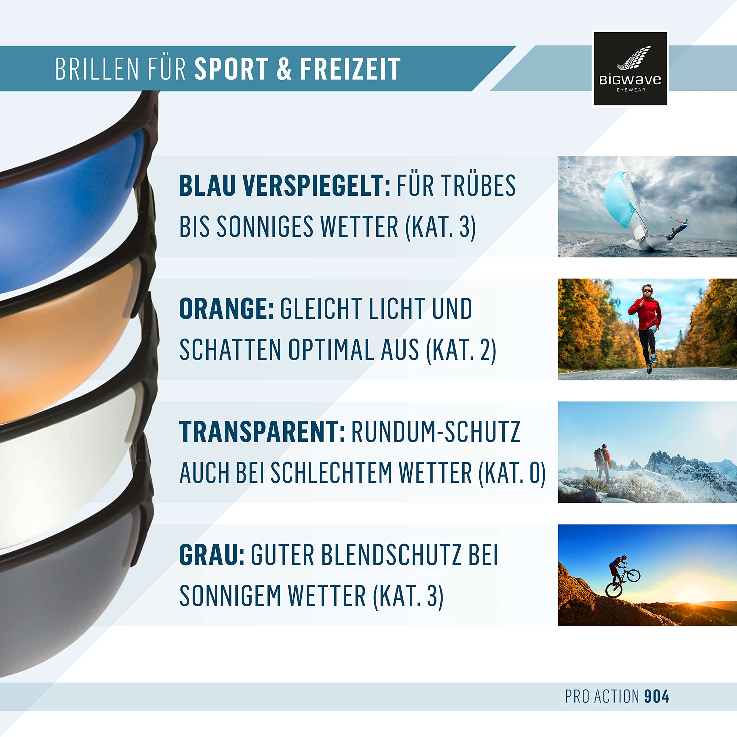 BIGWAVE Pro-Action 904 – Superentspiegelte Premium UV 400 Sportbrille mit 4 Wechselgläsern–Radsportbrille mit schmutzabweisender Clean-Coat Beschichtung für Damen und Herren